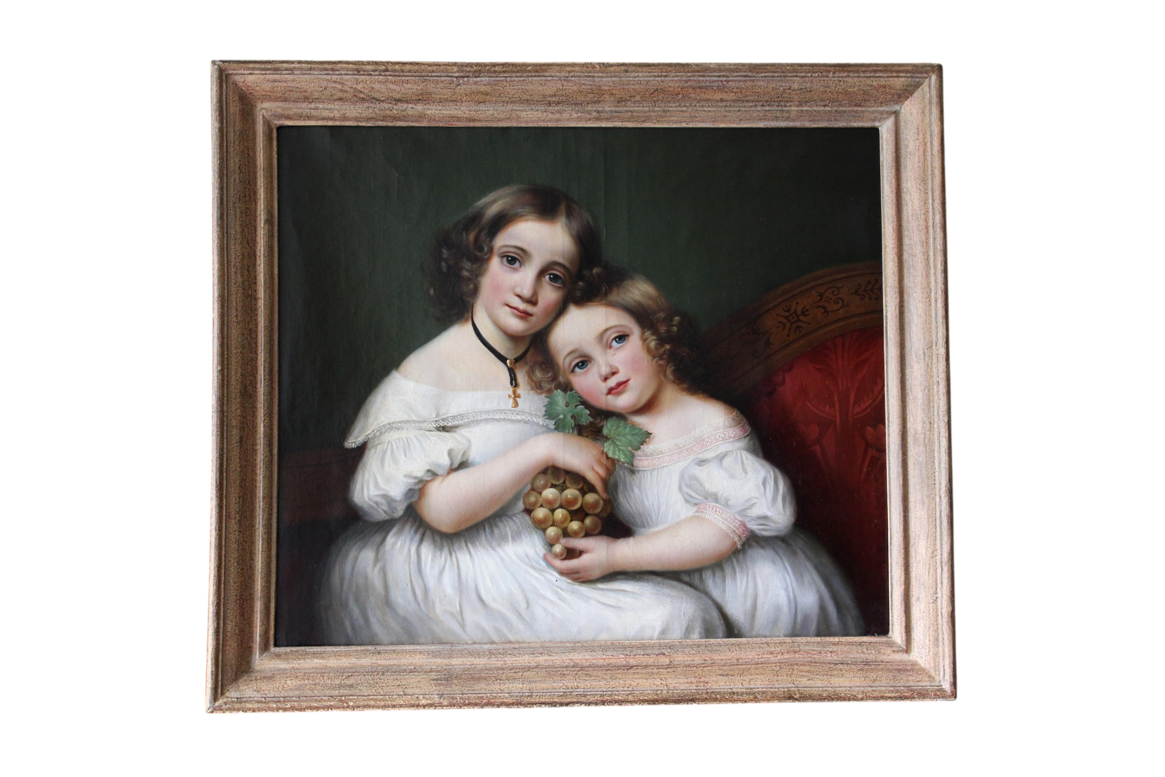 Unknown Portrait Painting – Antique Portrait Ölgemälde von zwei Schwestern Französisch Kind Porträtmalerei
