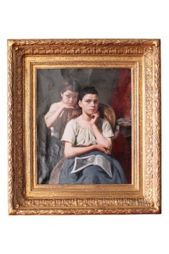 Antique Portrait Oil Painting French Female portrait painting of two sisters