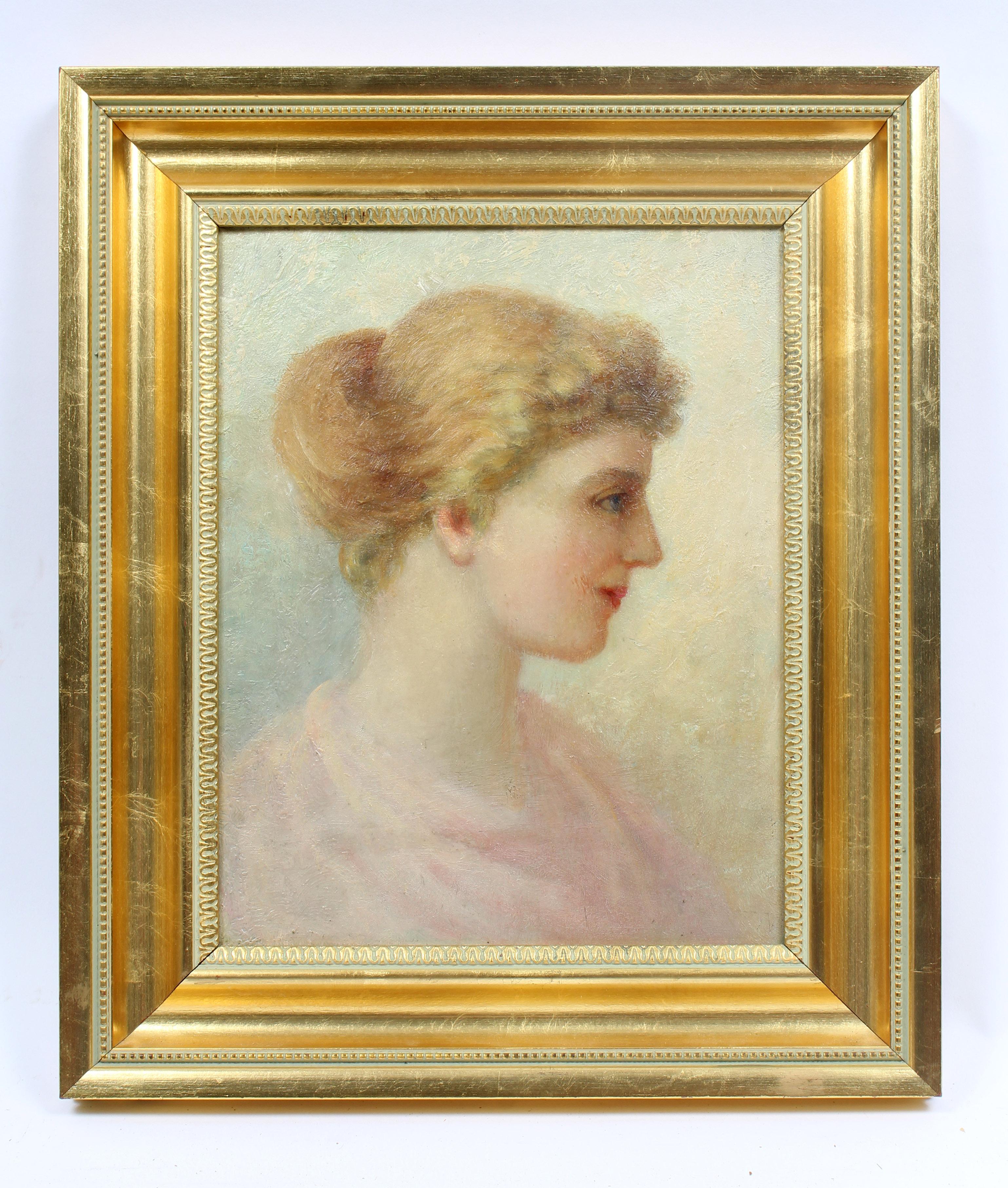 Unknown Figurative Painting - Antique Portrait Woman Green Pink Framed French Art Nouveau Oil Painting Romance