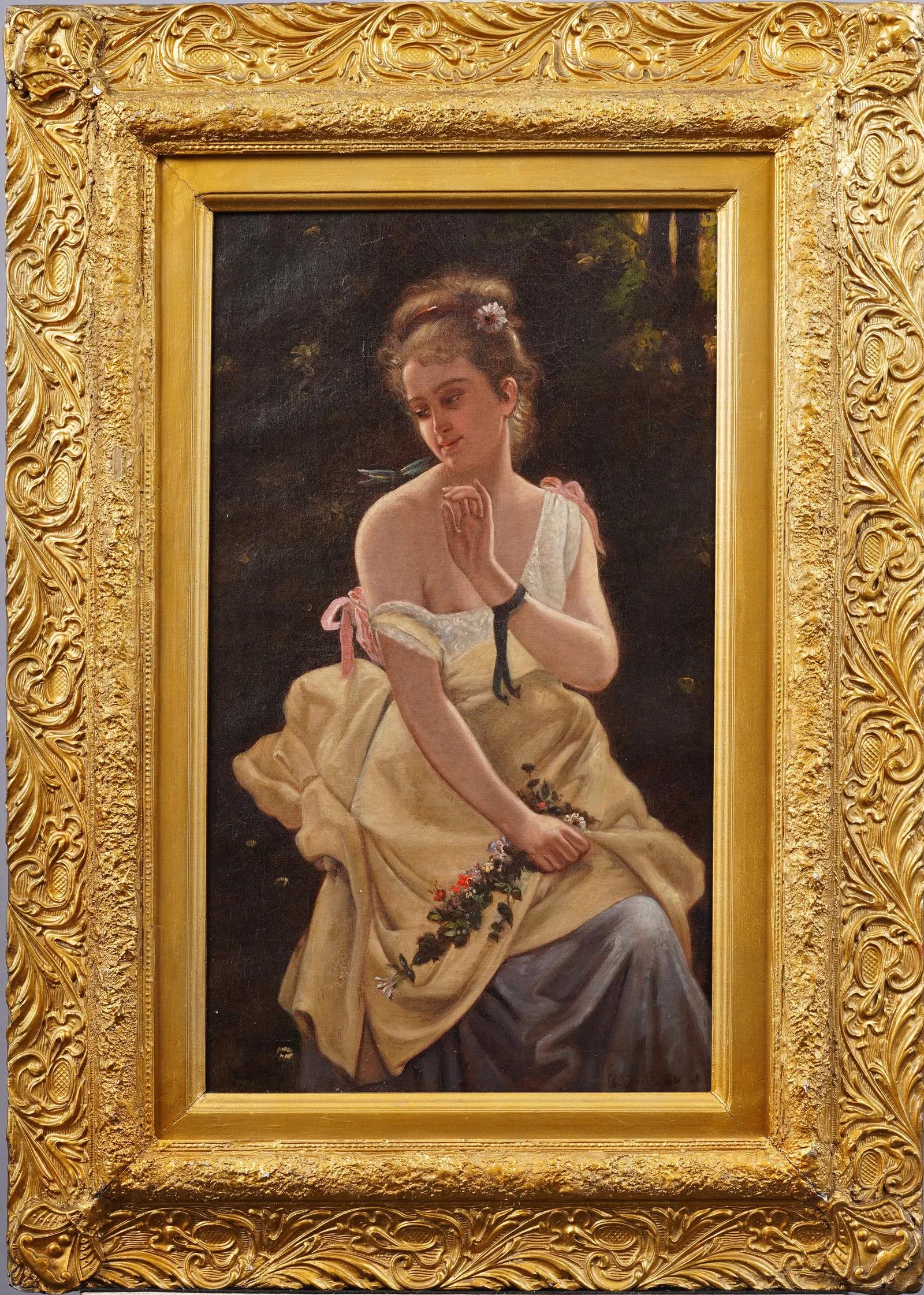 Antique Pre Raphaelite Mujer y mariposa Retrato francés Pintura al óleo enmarcada - Painting de Unknown