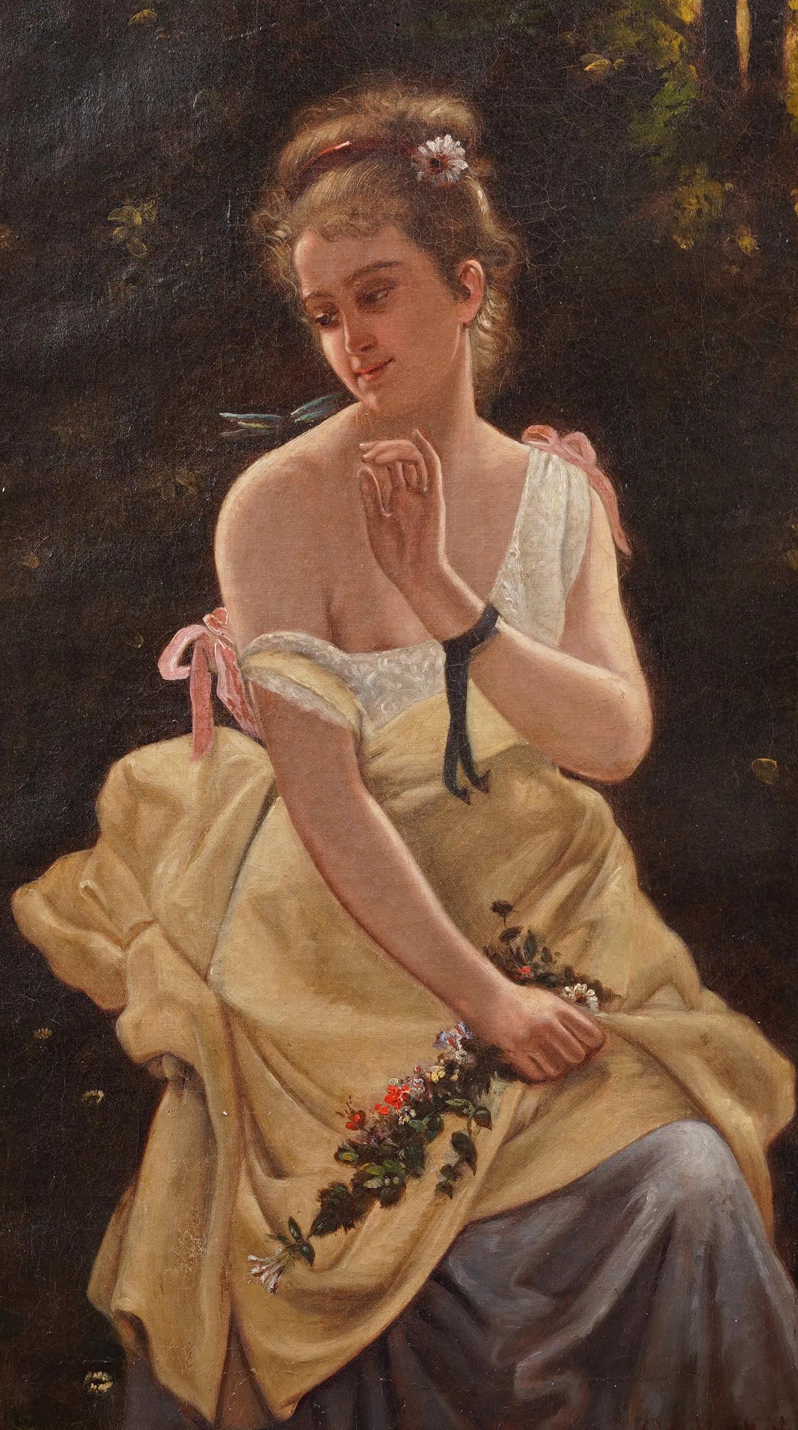 Antique Pre Raphaelite Mujer y mariposa Retrato francés Pintura al óleo enmarcada - Painting Impresionista de Unknown