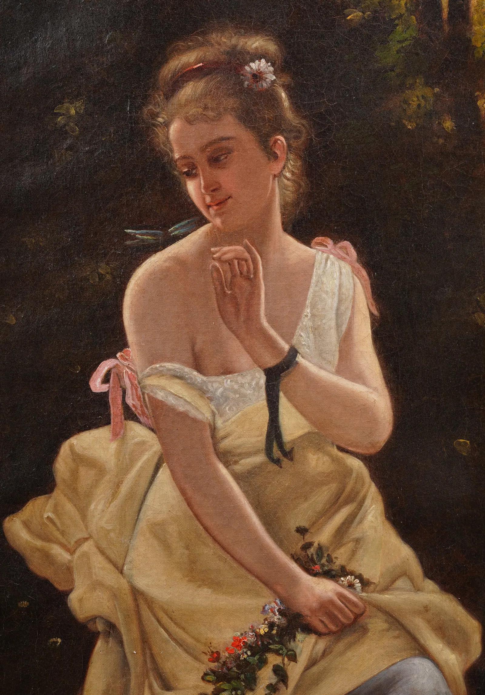 Antique Pre Raphaelite Mujer y mariposa Retrato francés Pintura al óleo enmarcada - Portrait Painting Marrón de Unknown