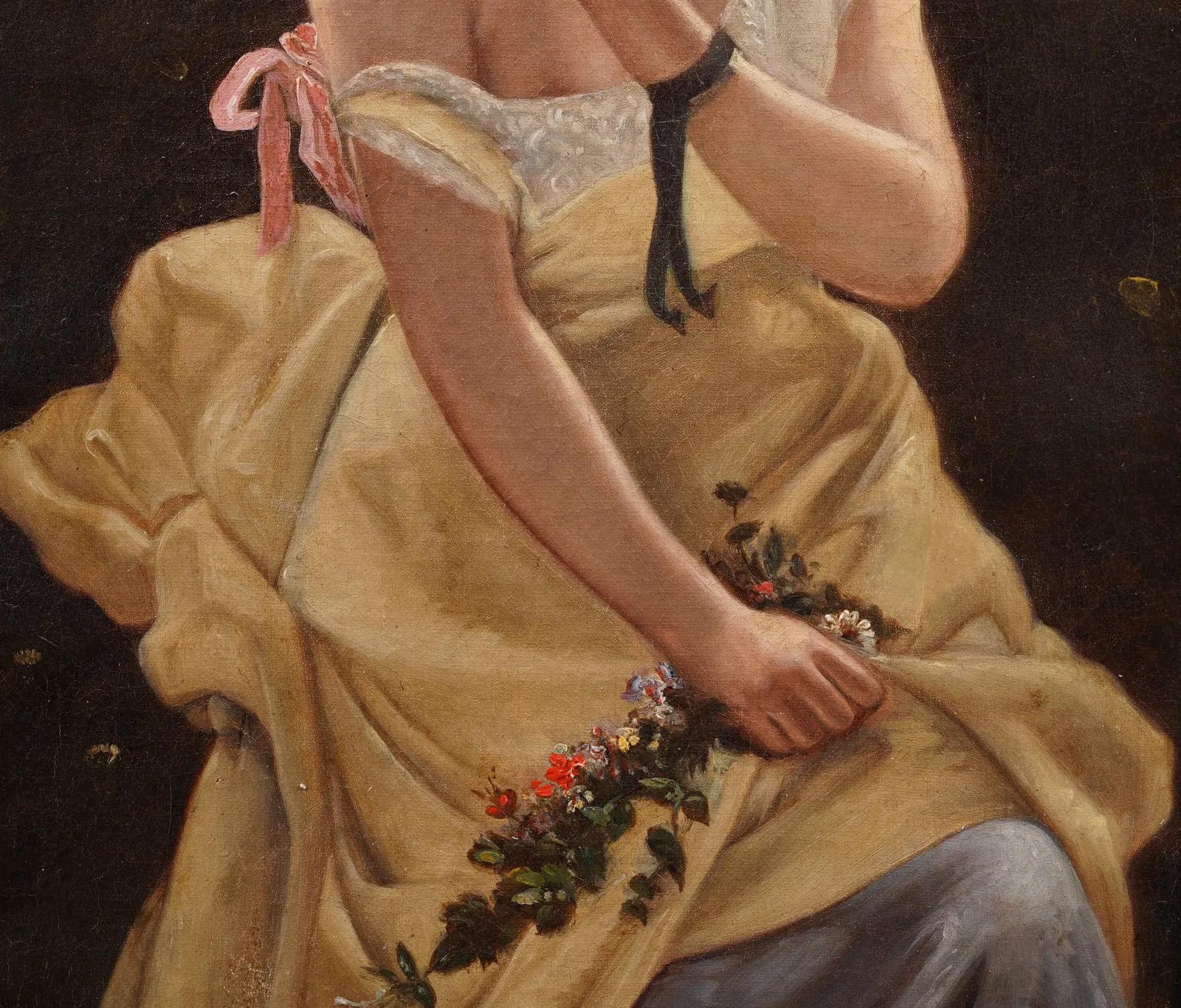 Antique French importante retrato al óleo de Aquiles Teodoro Cesbrón (1849 - 1915). Óleo sobre lienzo. Firmado. Enmarcado. Mide 21 por 29 pulgadas en total y 12 por 20 pintado solo. 