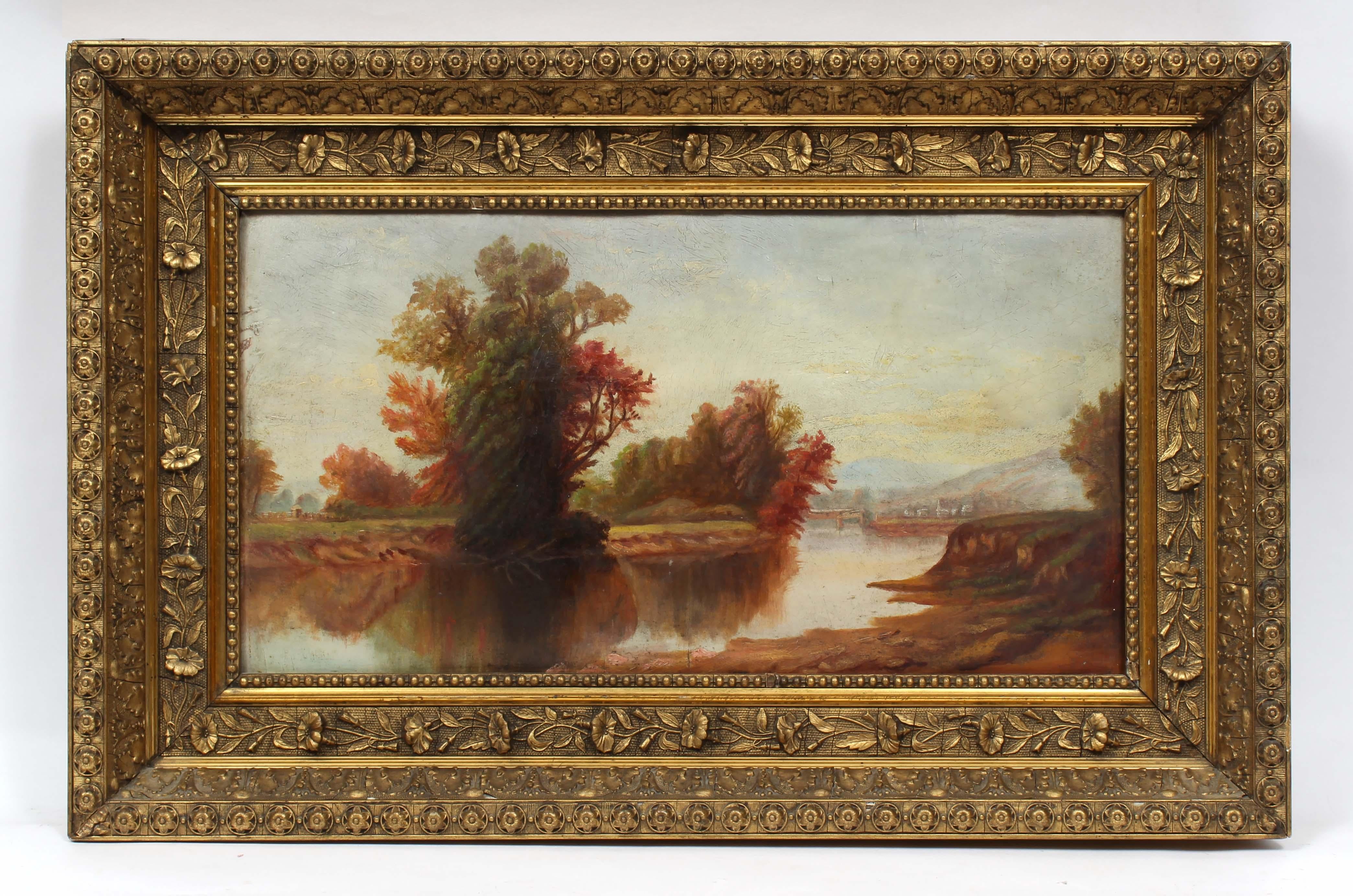 Antiguo Raro Cuadro Original de la Escuela Americana del Río Hudson Paisaje al óleo - Painting de Unknown