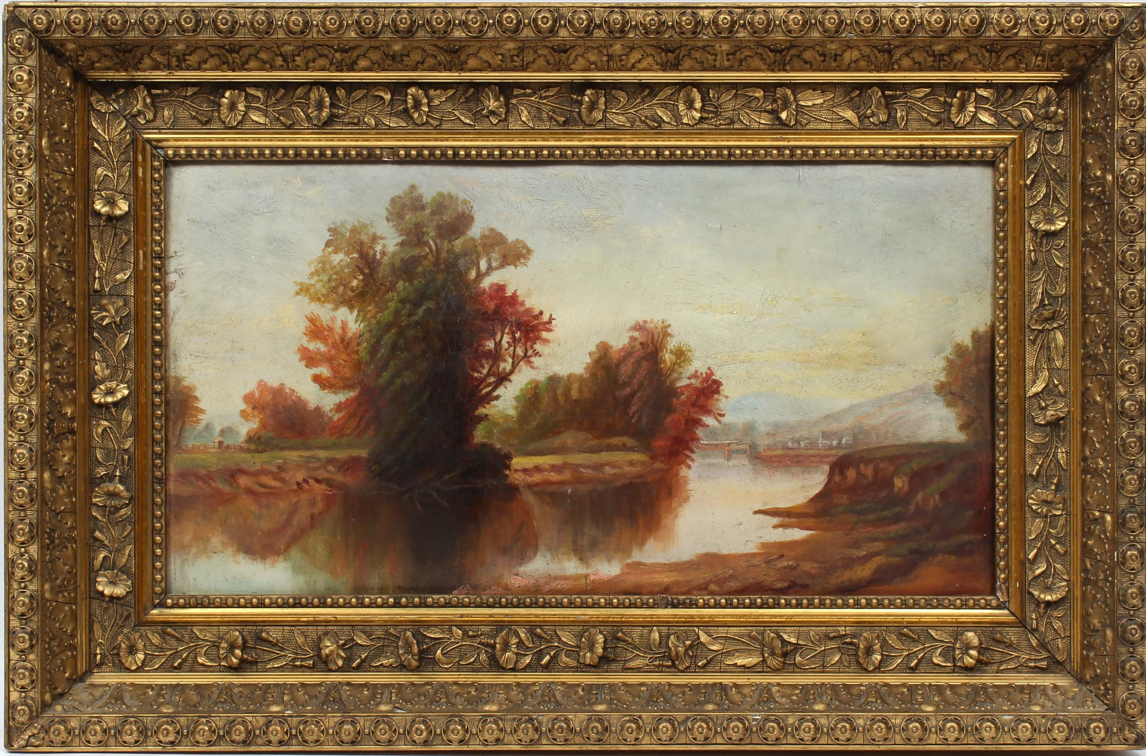 Antiguo Raro Cuadro Original de la Escuela Americana del Río Hudson Paisaje al óleo - Painting Escuela del río Hudson de Unknown