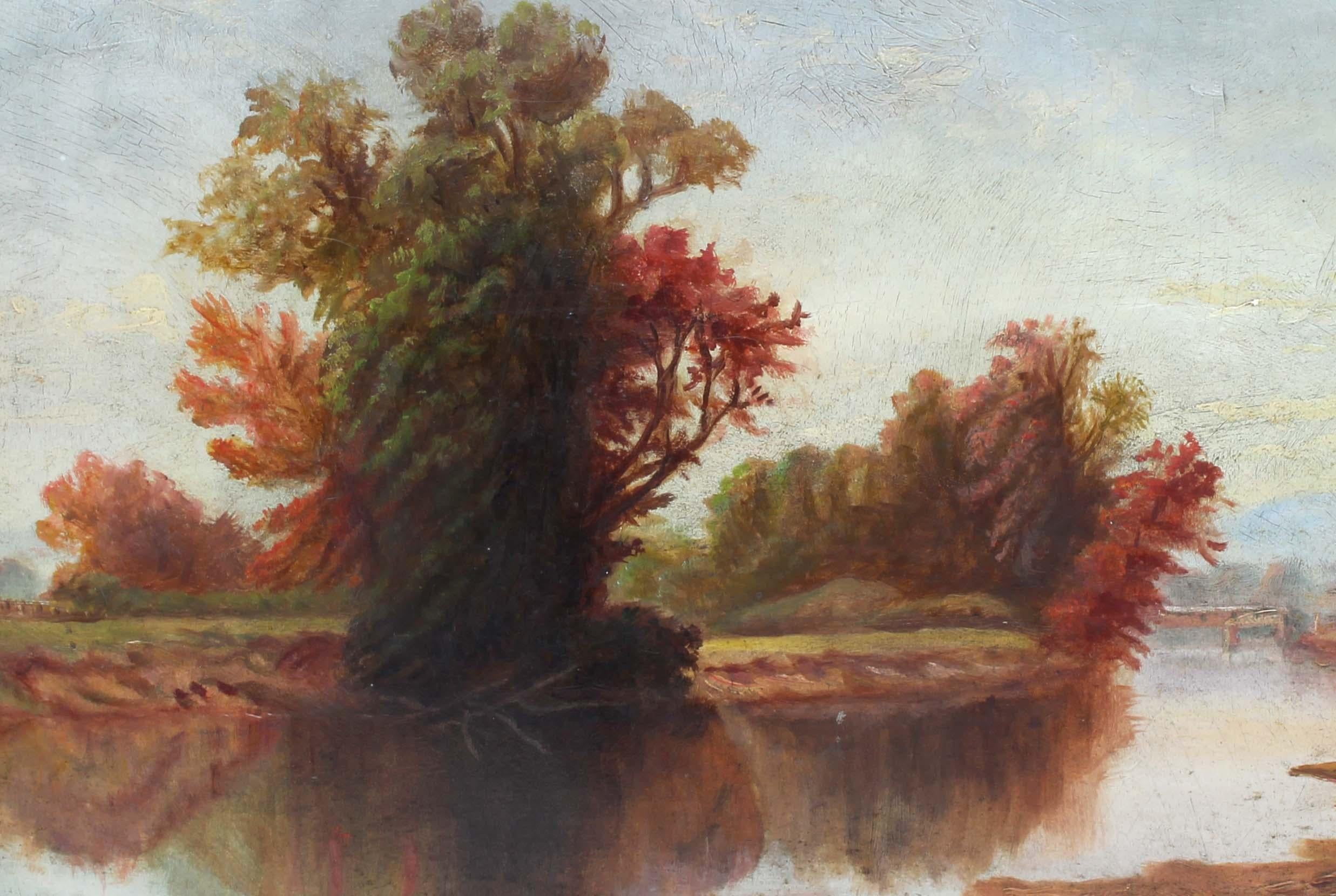 Antiguo Raro Cuadro Original de la Escuela Americana del Río Hudson Paisaje al óleo - Landscape Painting Marrón de Unknown