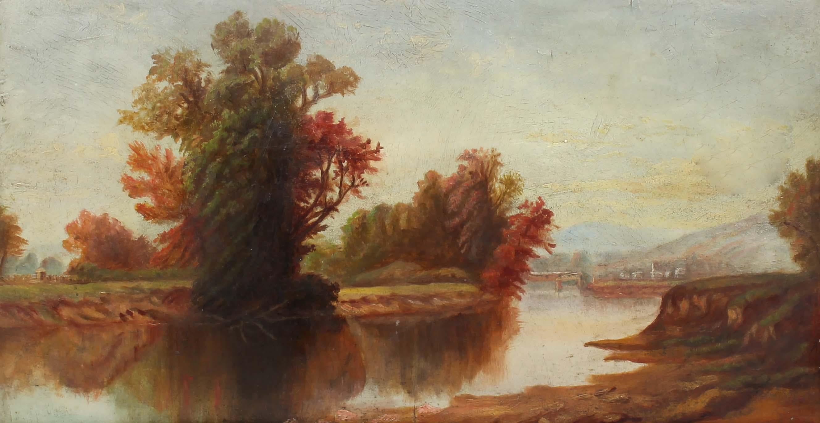 Impresionante cuadro de paisaje de la Escuela del Río Hudson del siglo XIX, bellamente enmarcado en una exquisita moldura de madera dorada de época.
