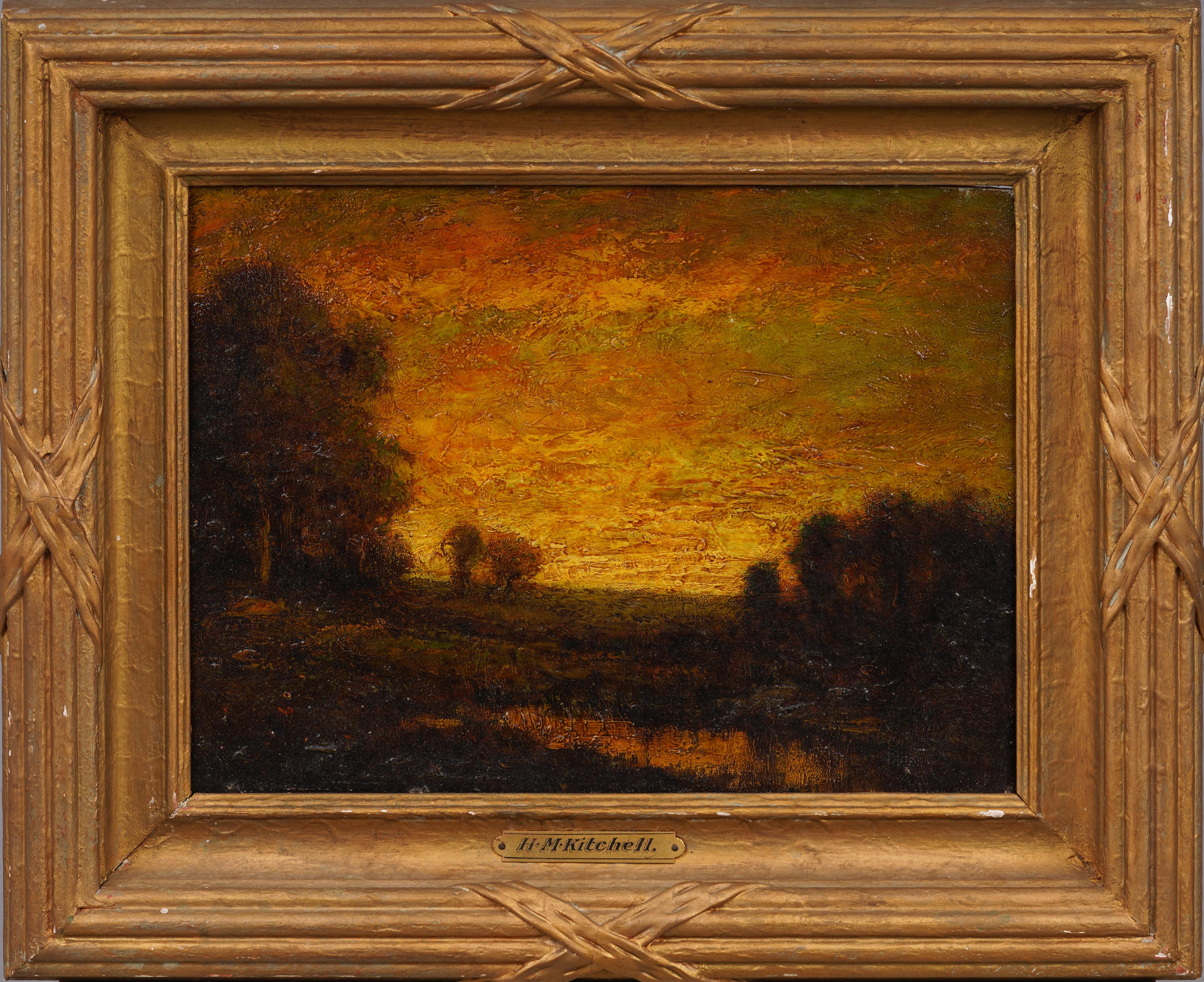 Antiguo y raro cuadro al óleo de un paisaje enmarcado de la Escuela Americana del Río Hudson al atardecer - Painting de Unknown