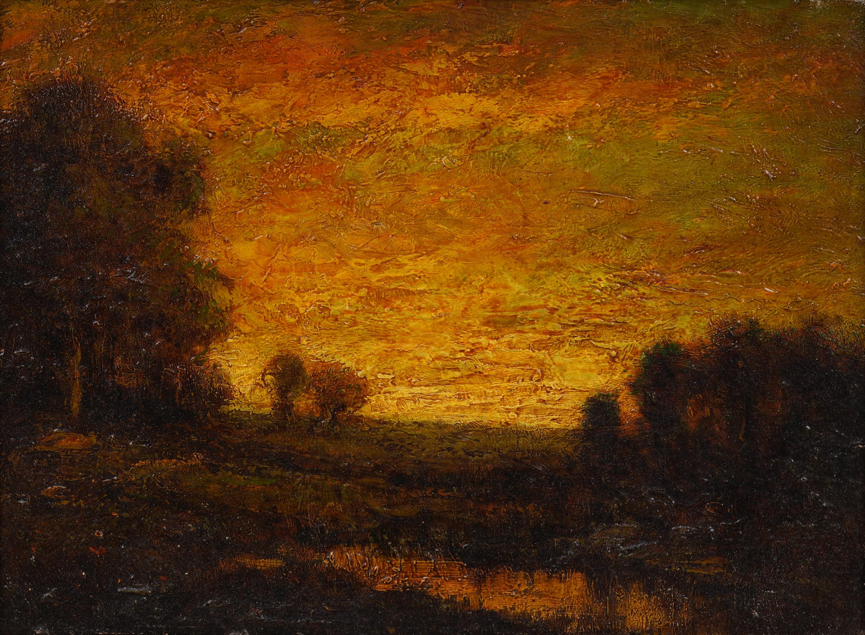 Antiguo y raro cuadro al óleo de un paisaje enmarcado de la Escuela Americana del Río Hudson al atardecer - Painting Escuela del río Hudson de Unknown