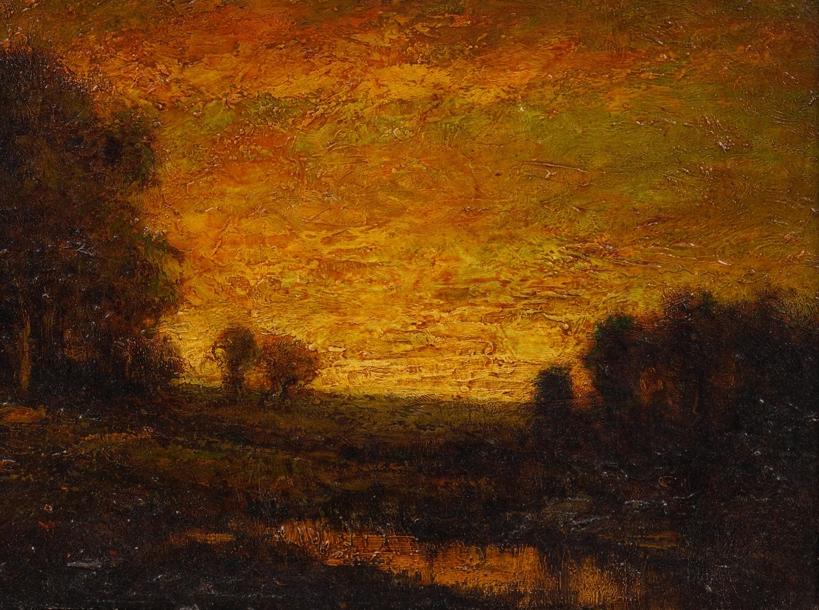 Antiguo y raro cuadro al óleo de un paisaje enmarcado de la Escuela Americana del Río Hudson al atardecer - Abstract Painting Marrón de Unknown