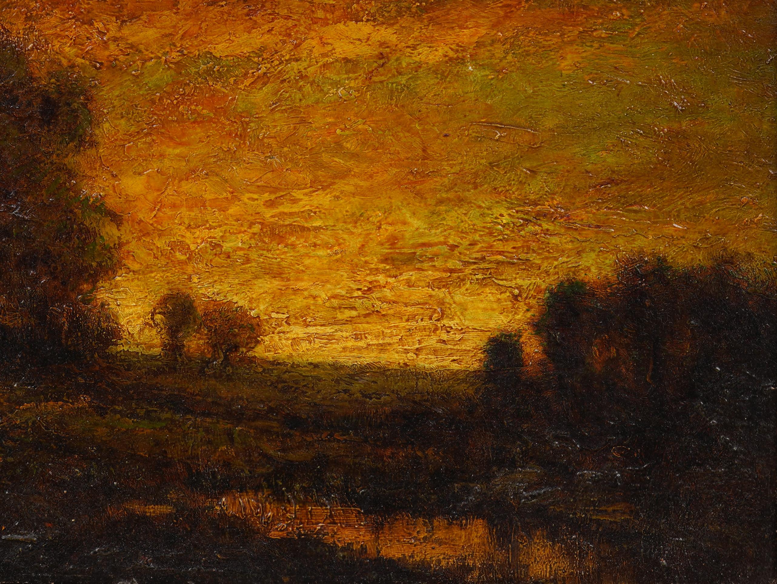 Increíble pintura de un paisaje al atardecer del siglo XIX, obra de Hudson Mindell Kitchell (1862 - 1944).  Óleo sobre tabla.  Enmarcado en una gran moldura de madera dorada de época.  
