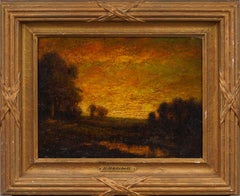 Antique Rare American Hudson River School Sunset Framed Landscape Oil Painting