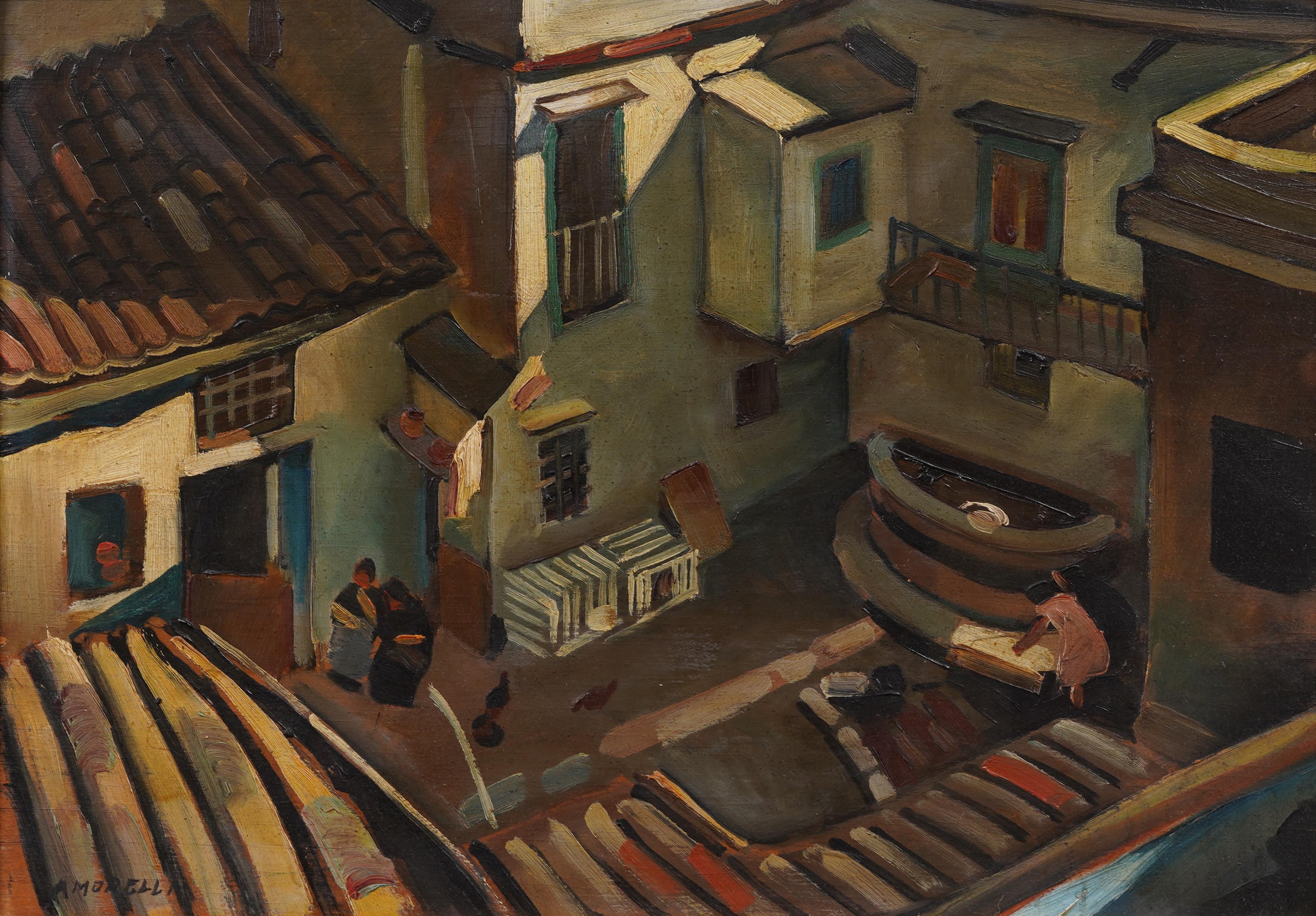 Antikes, seltenes gerahmtes, architektonisches Ölgemälde der europäischen Moderne, Stadtzentrum – Painting von Unknown