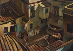 Antique Rare Framed European Modernist Town Center Architectural Oil Painting