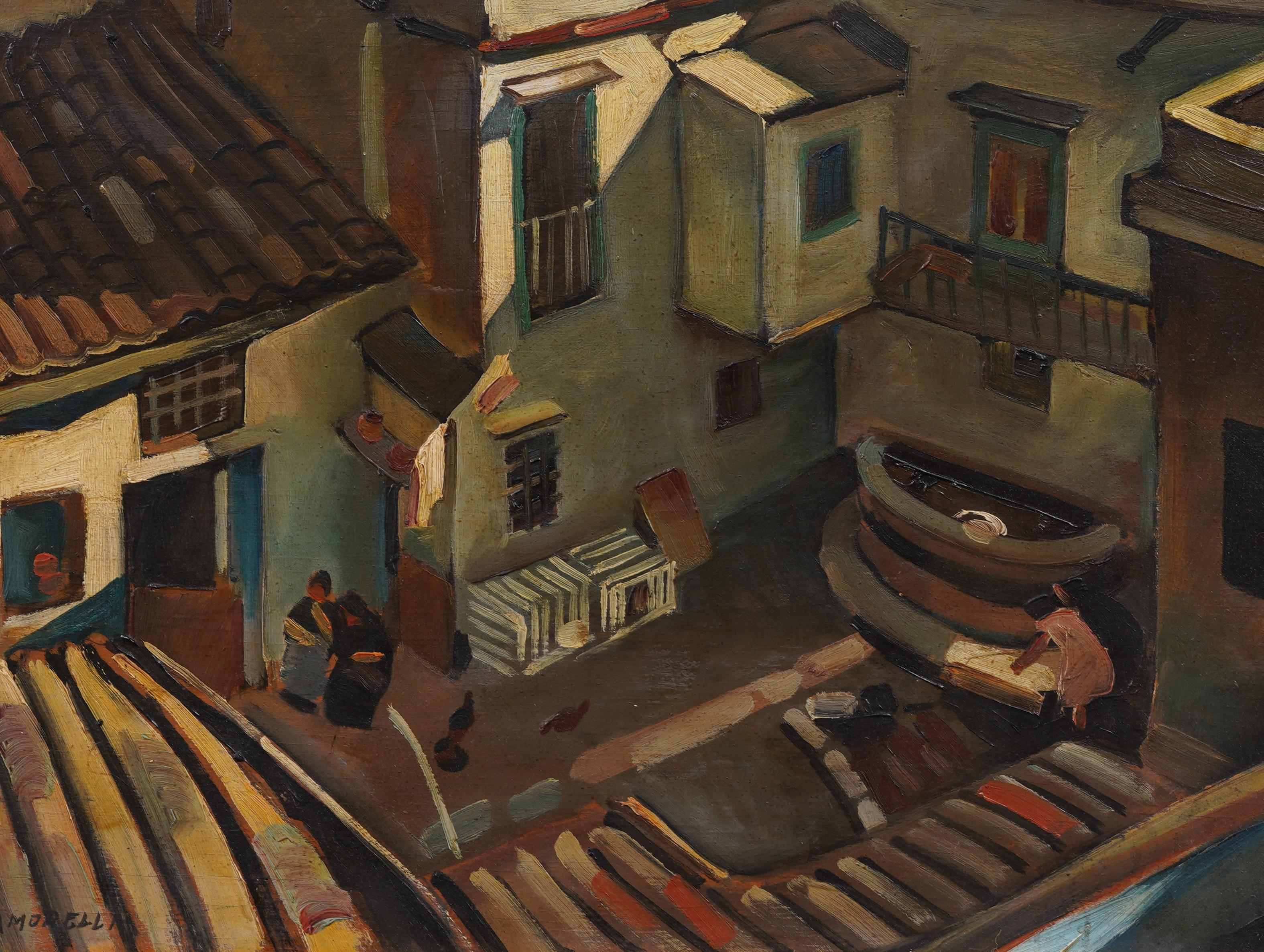 Antikes, seltenes gerahmtes, architektonisches Ölgemälde der europäischen Moderne, Stadtzentrum (Abstrakt), Painting, von Unknown