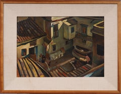 Antique Rare Framed European Modernist Town Center Architectural Oil Painting