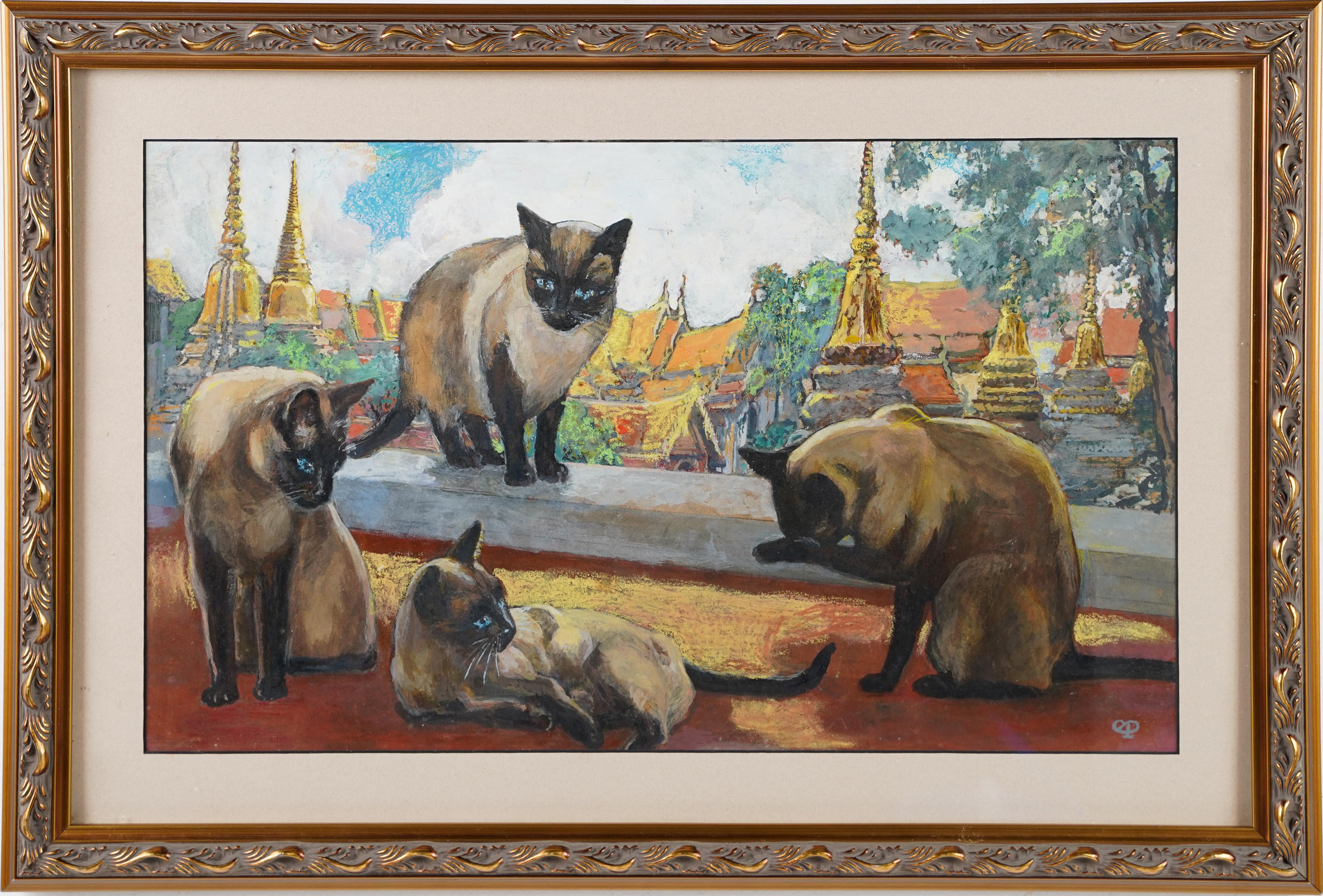 Unknown Interior Painting - Antique Rare Impressionist Siamese Cat Portrait Interior Scene Original Painting