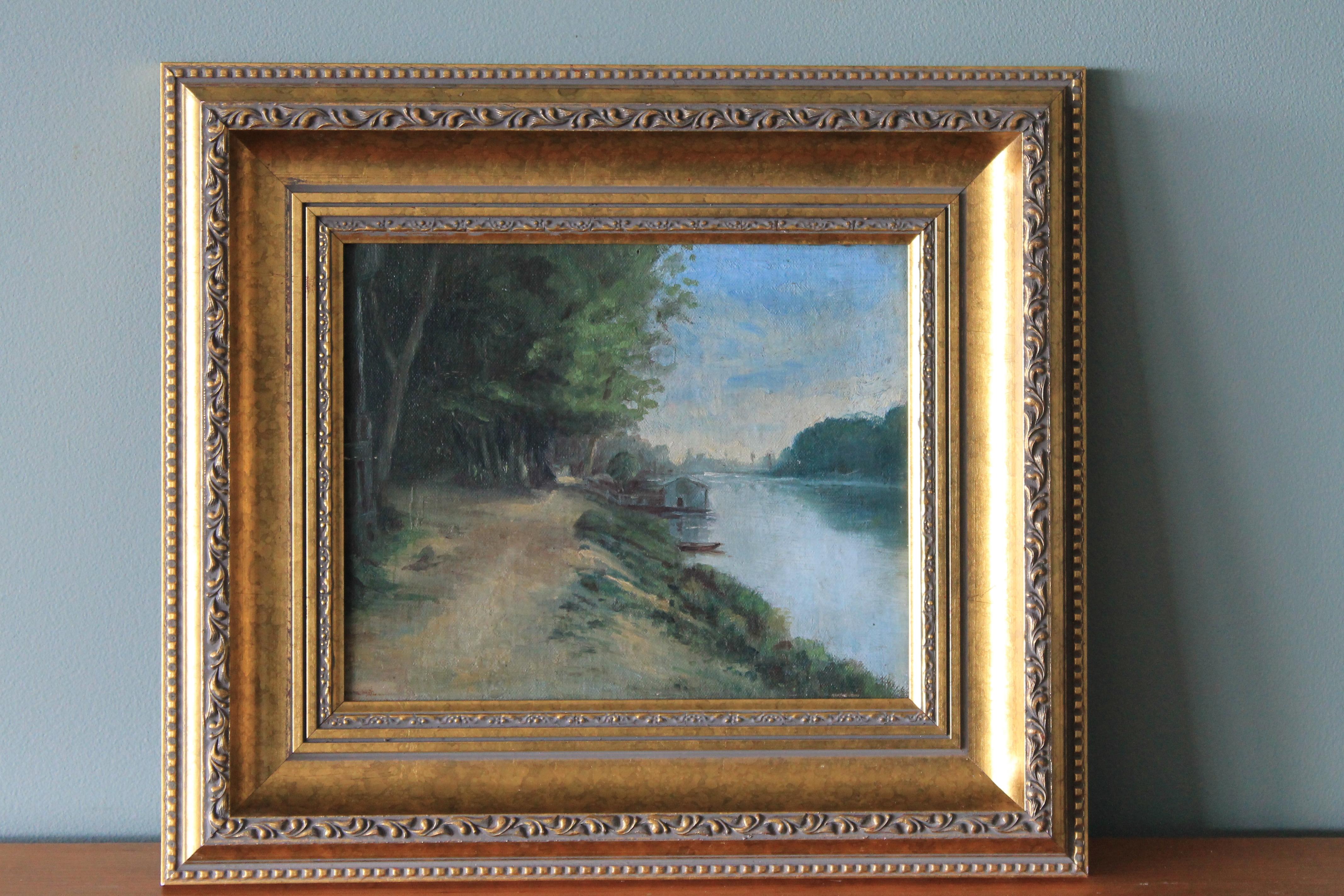 Antique River landscape oil painting, forest oil painting, countryside painting - Painting by Unknown