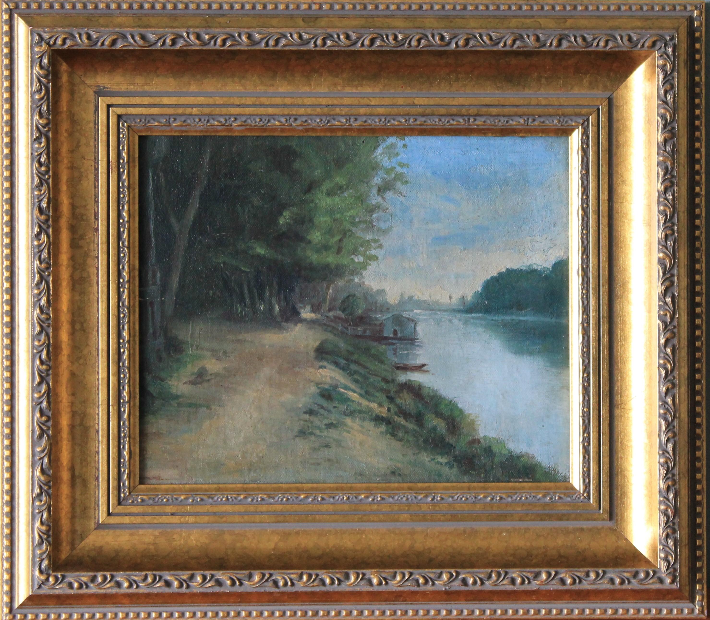 Unknown Landscape Painting - Antique River landscape oil painting, forest oil painting, countryside painting