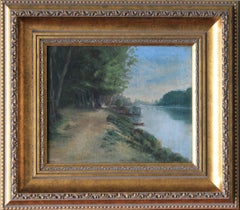 Antique River landscape oil painting, forest oil painting, countryside painting