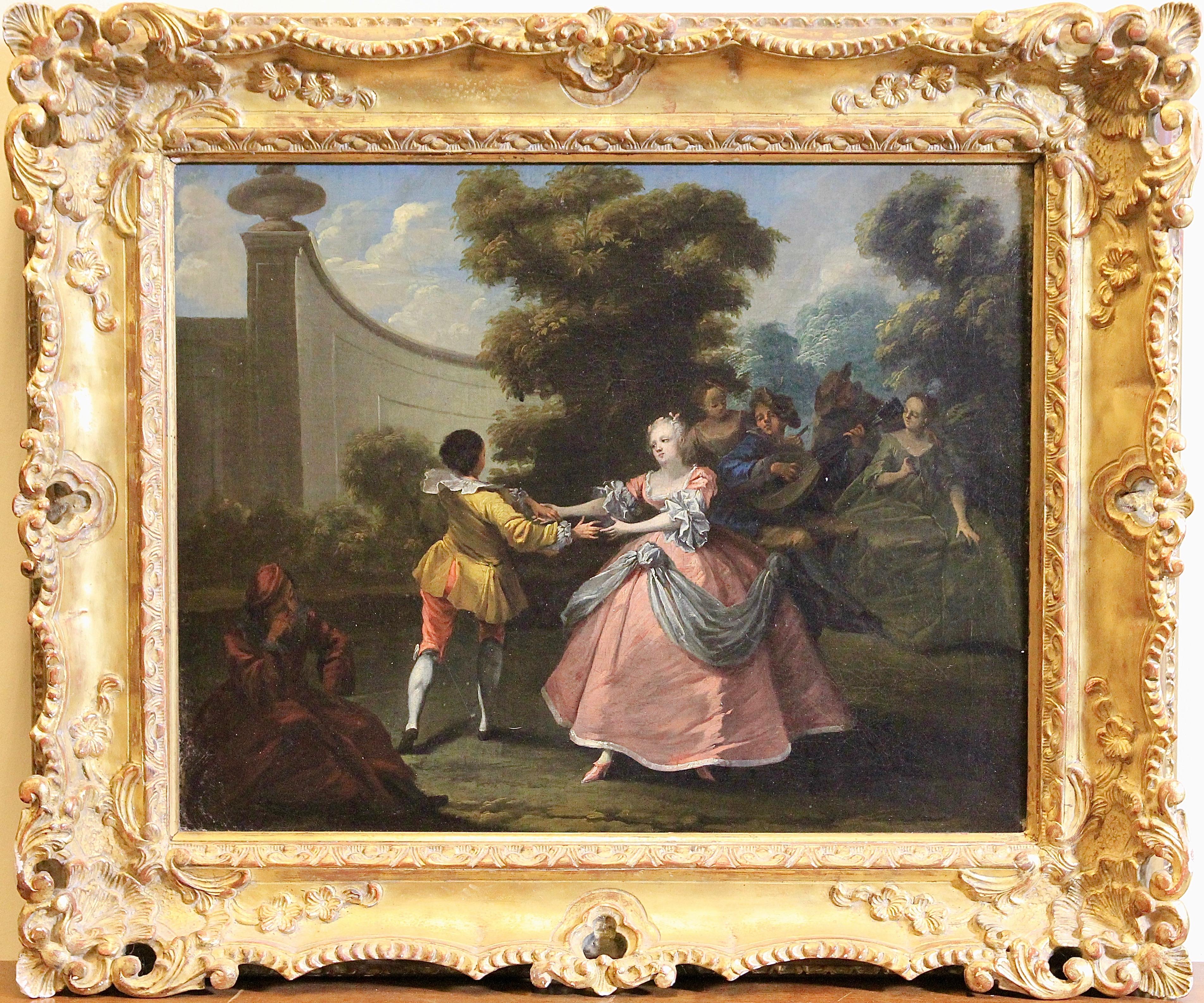 Peinture à l'huile rococo ancienne, datant d'environ 1800, « Danse royale dans le jardin » - Painting de Unknown