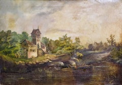 Antique, Romantic Oil Painting, 19th Century. Old Hunting Lodge at the Lake.