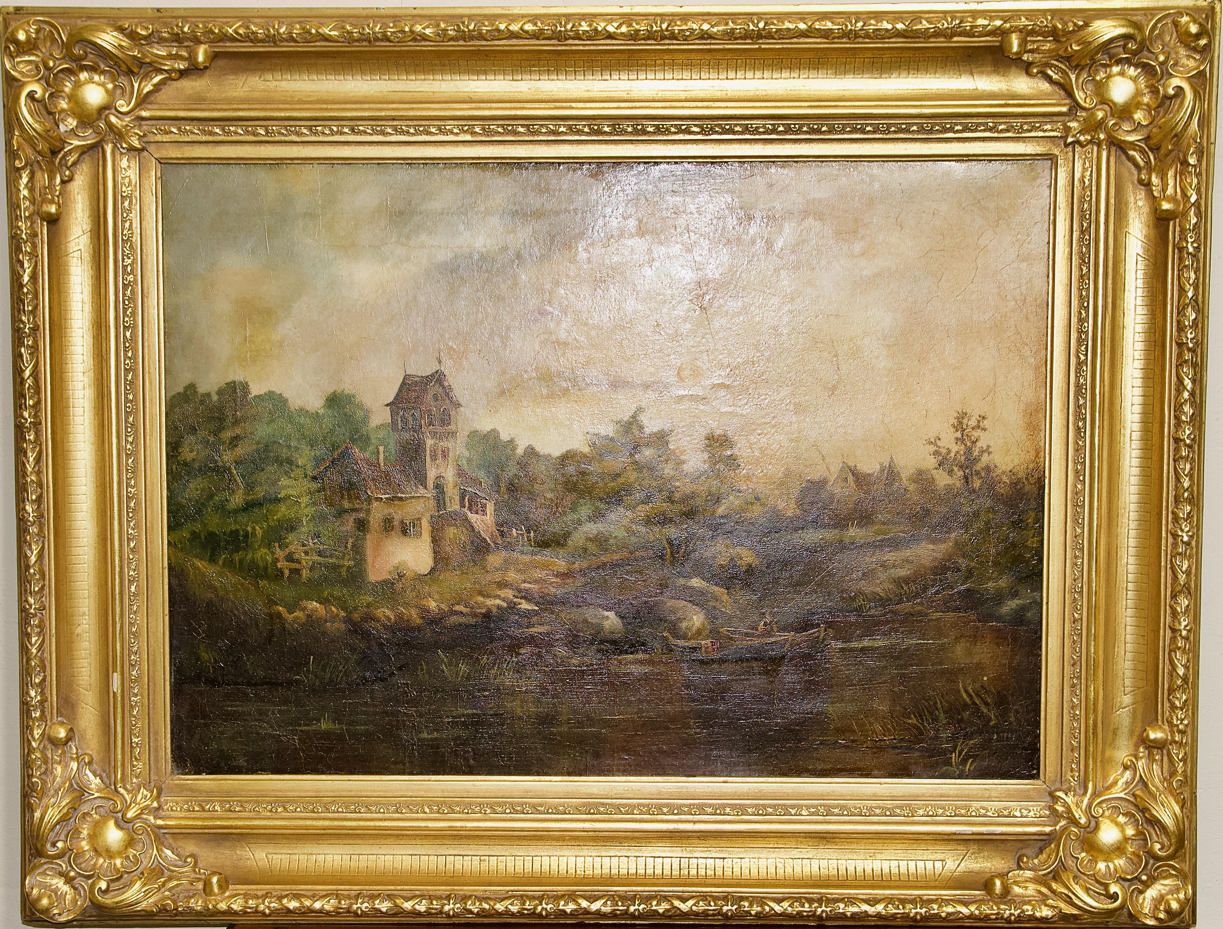 Antique, Romantic Oil Painting, 19th Century. Old Hunting Lodge at the Lake.