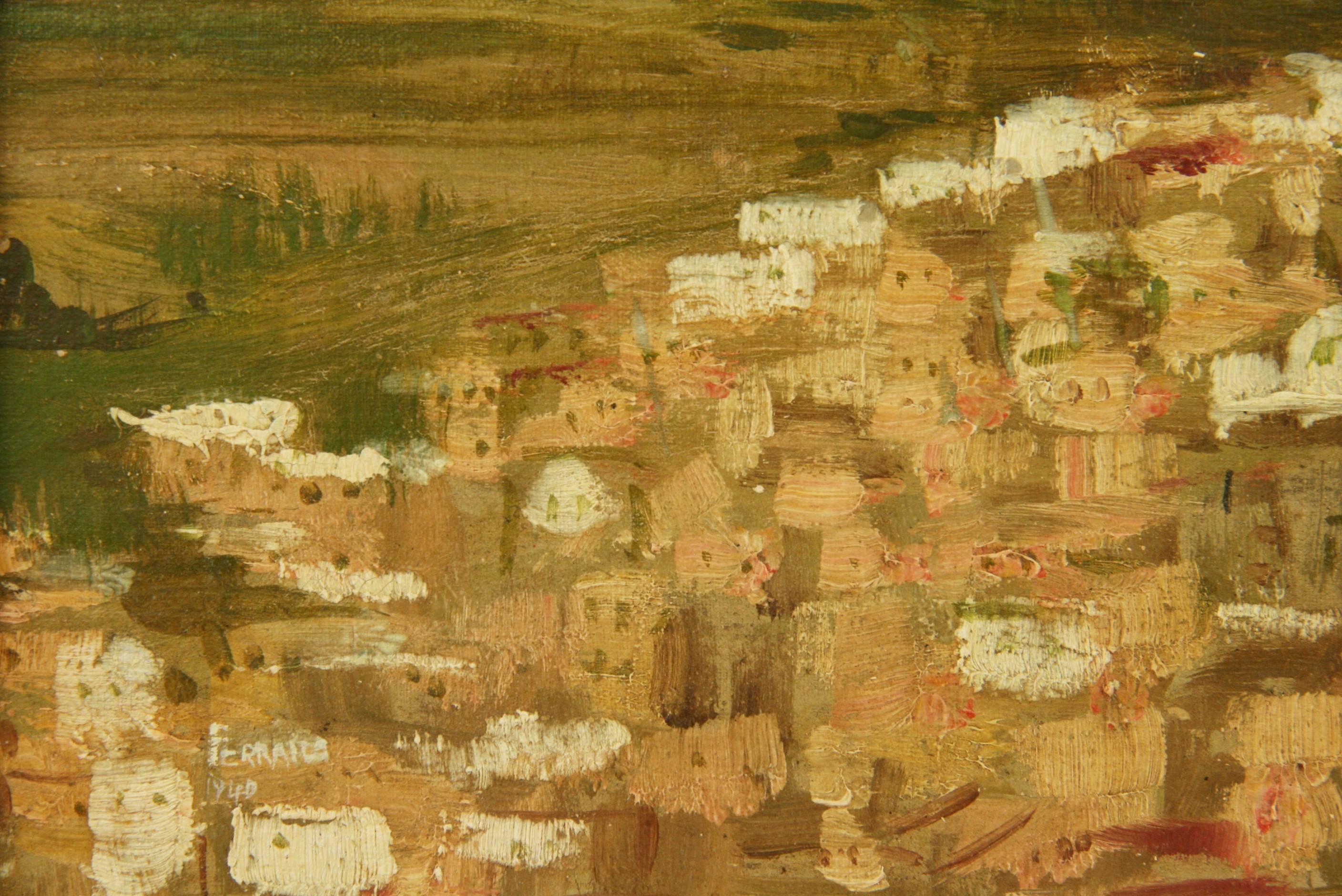 #5-2879a Colina de San Martino ,Nápoles Italia, un óleo sobre lienzo de 1940 aplicado sobre tabla,expuesto en un marco de madera dorada.Firmado por Ferrara