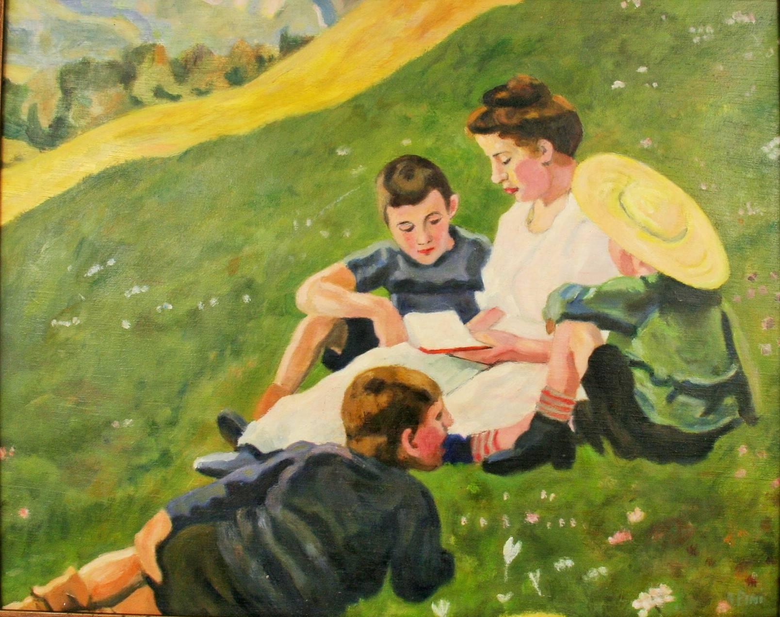 Antiquités Scandinavian Antiques  Famille GatteringPaysage  Peintre mère et enfants - Painting de Unknown