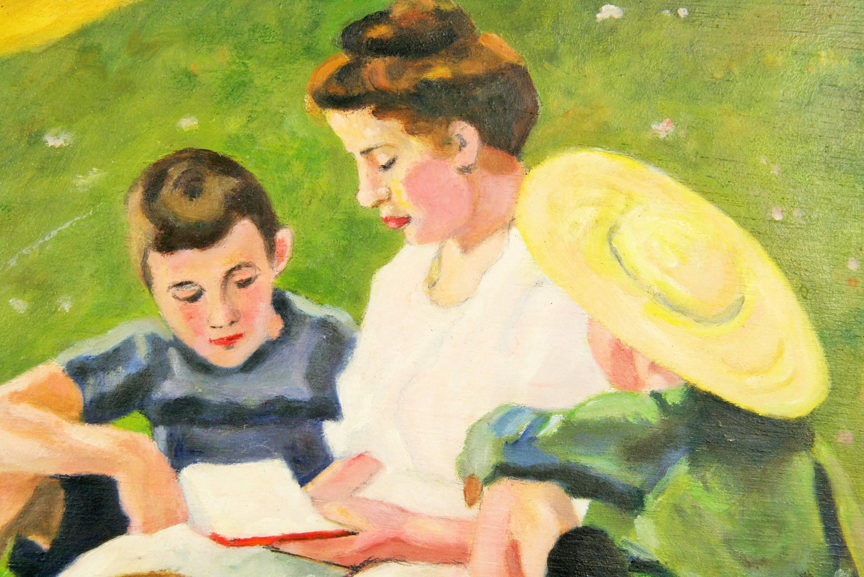 Antiquités Scandinavian Antiques  Famille GatteringPaysage  Peintre mère et enfants - Marron Landscape Painting par Unknown