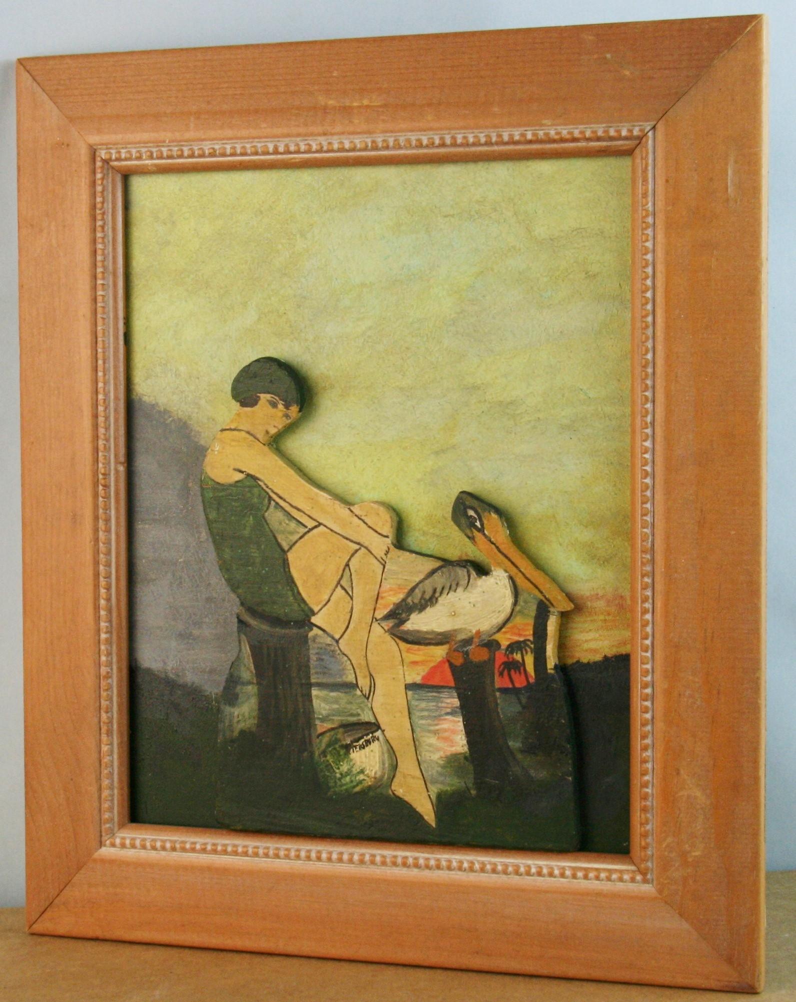 4032 Scandinavian painting of a  female bather on cut out wood applied to a painted backround
Set in a wood frame image size 8.5x10.5