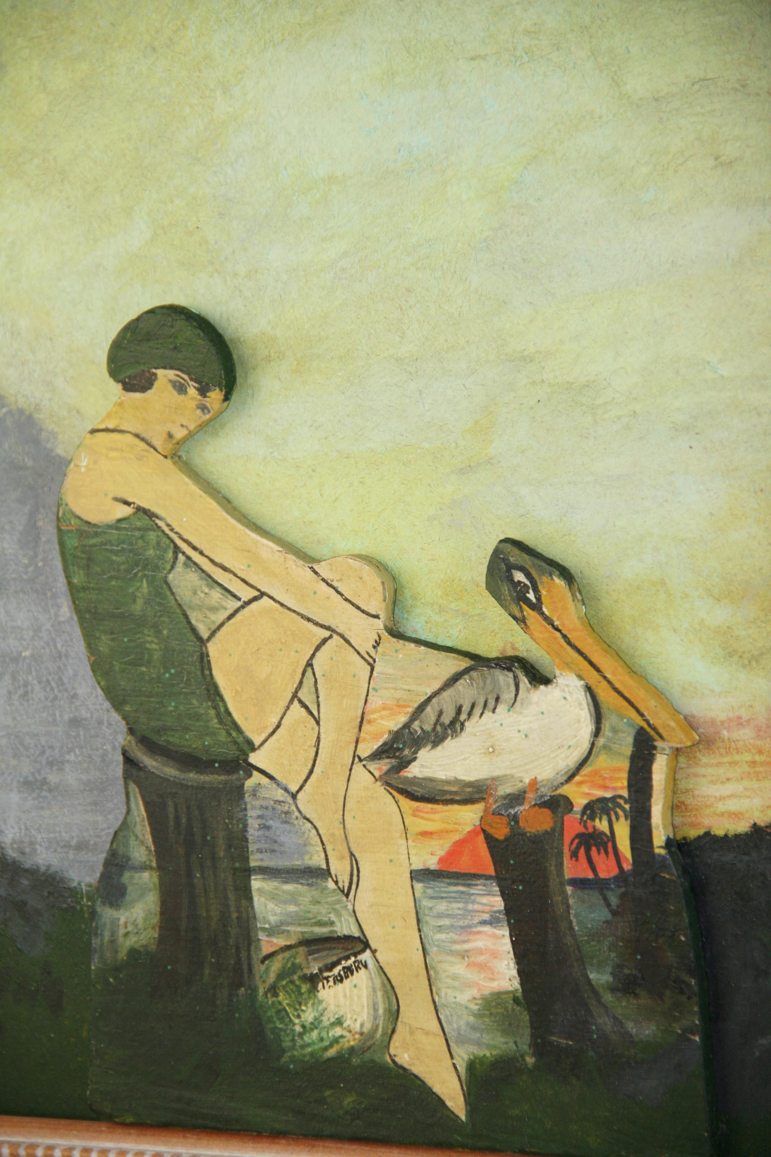 4032 Skandinavisches Gemälde eines  weibliche Badende auf ausgeschnittenem Holz, das auf einem bemalten Hintergrund angebracht ist
Set in einem Holzrahmen Bildgröße 8.5x10.5