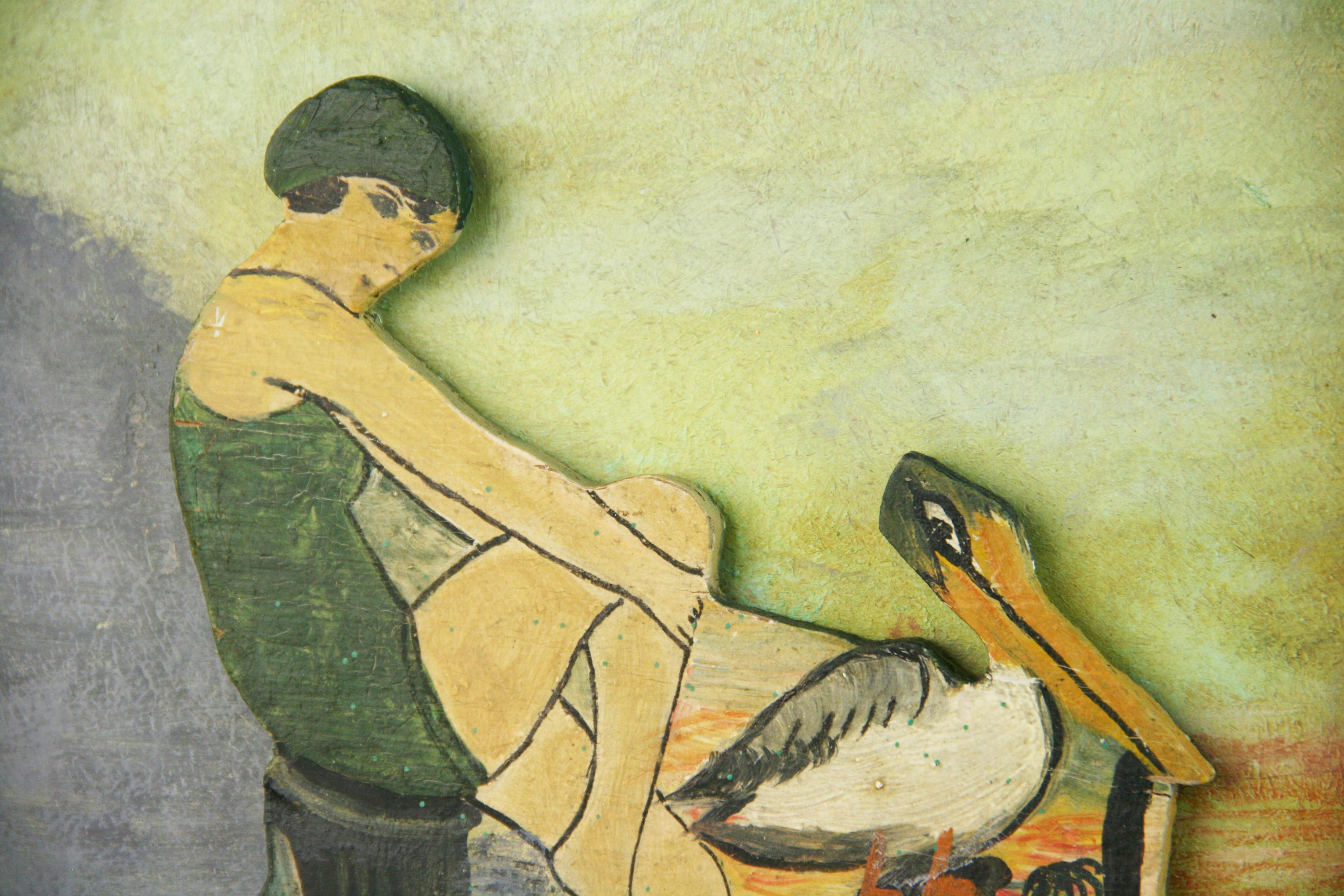 4032 Peinture scandinave d'un  baigneuse sur bois découpé appliqué sur un fond peint
Dans un cadre en bois, taille de l'image 8.5x10.5