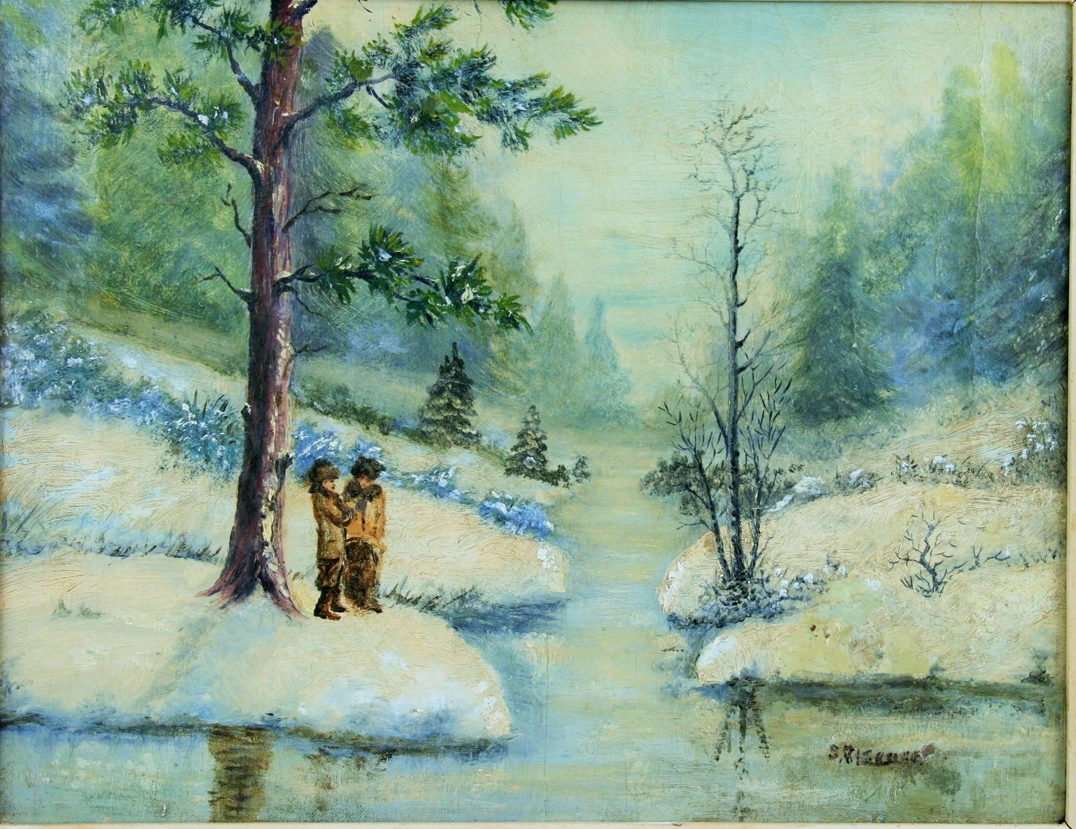 1-4051 Circa 1940's  winter scene,oil on canvas displayed in an ornate gilt wood frame,illegible signaure lower right
