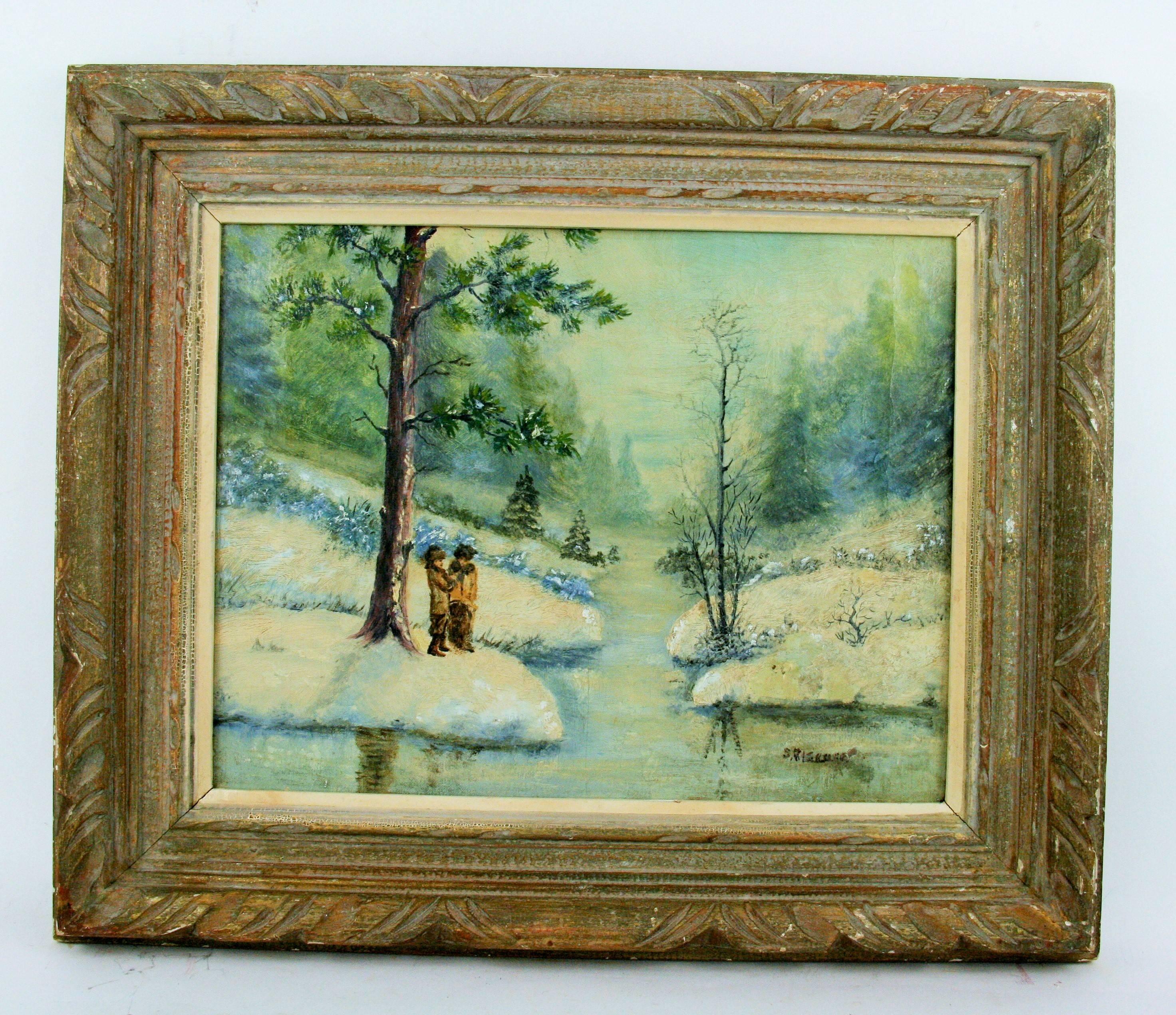 Unknown Figurative Painting - Antique Scandinavian Impressionist   Figurative Winter  oil  Painting 1940