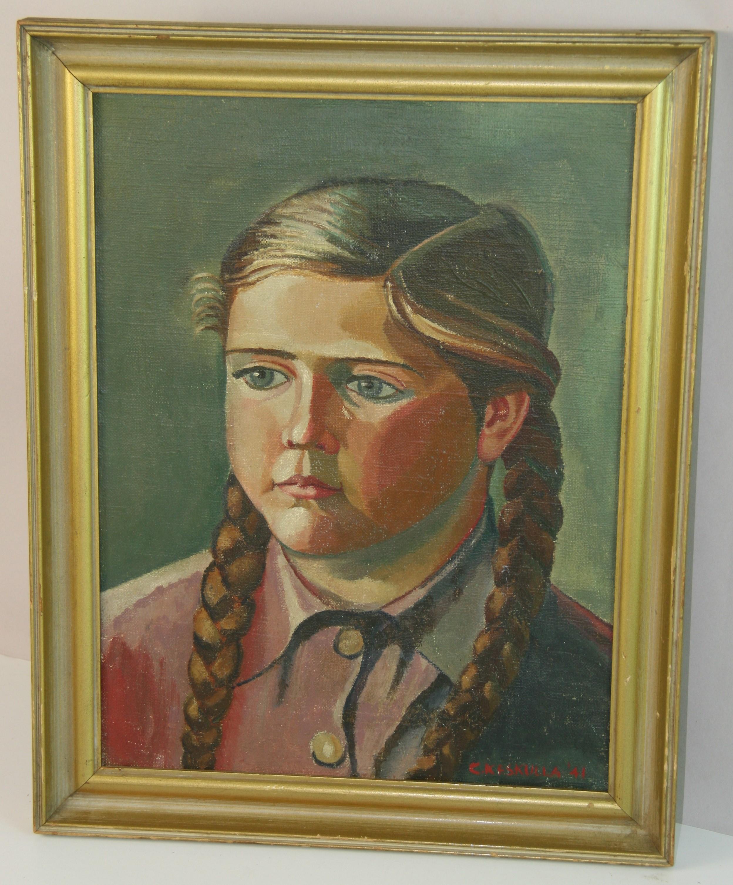 Antique Scandinavian  Oil Painting of a Young Girl by C.Keskulla 1941 - Brown Portrait Painting by Unknown