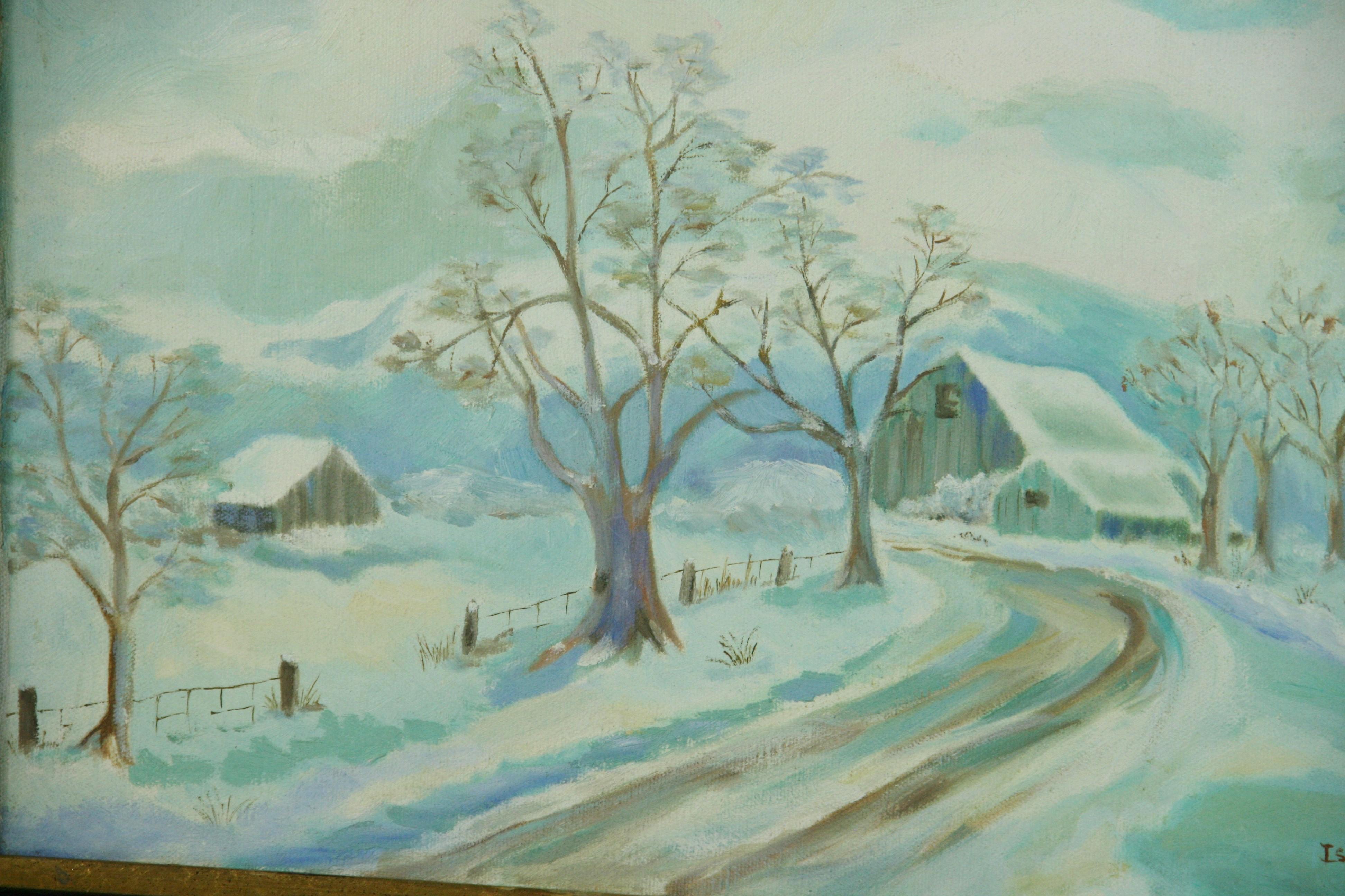 Peinture à l'huile scandinave ancienne représentant une scène d'hiver en vente 1