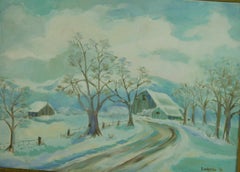Pintura al óleo escandinava antigua sobre una escena invernal