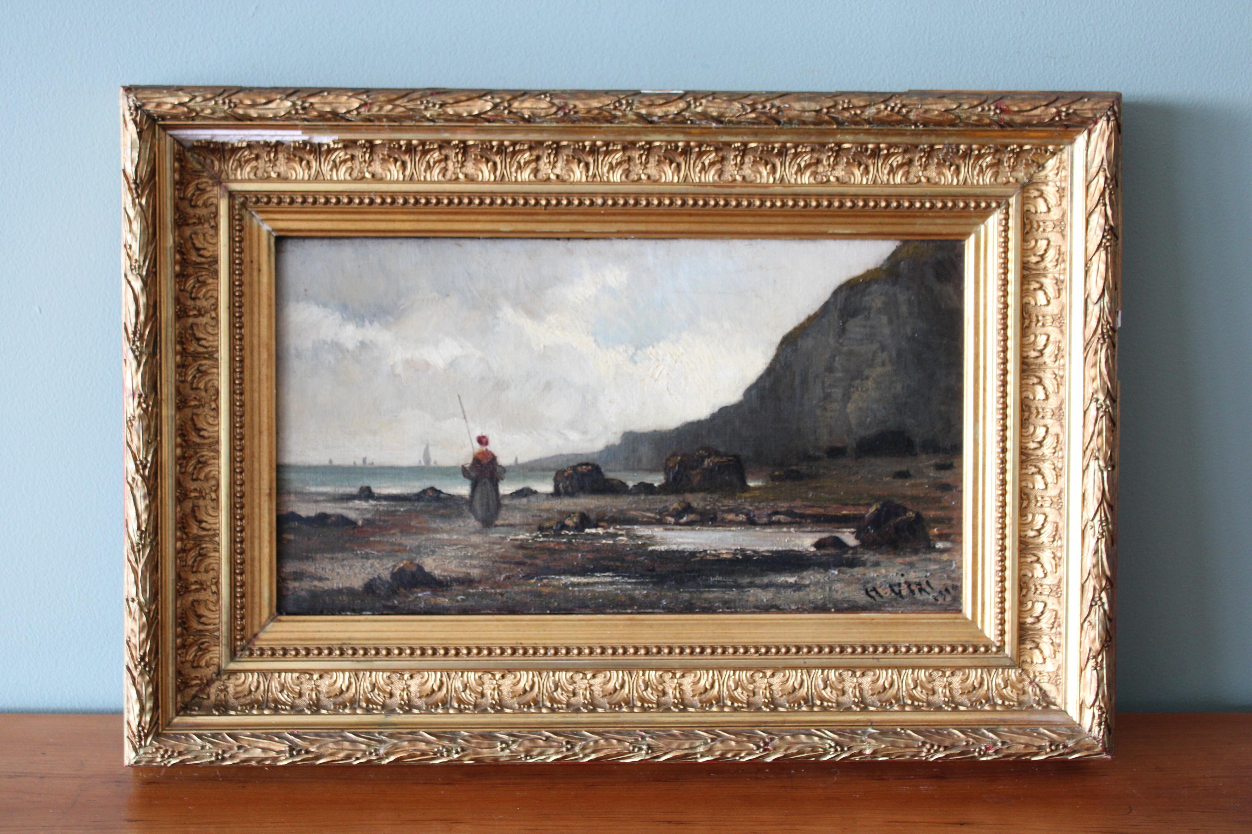 Antique French Landscape, seascape oil painting, beach coastal scene - Painting by Unknown