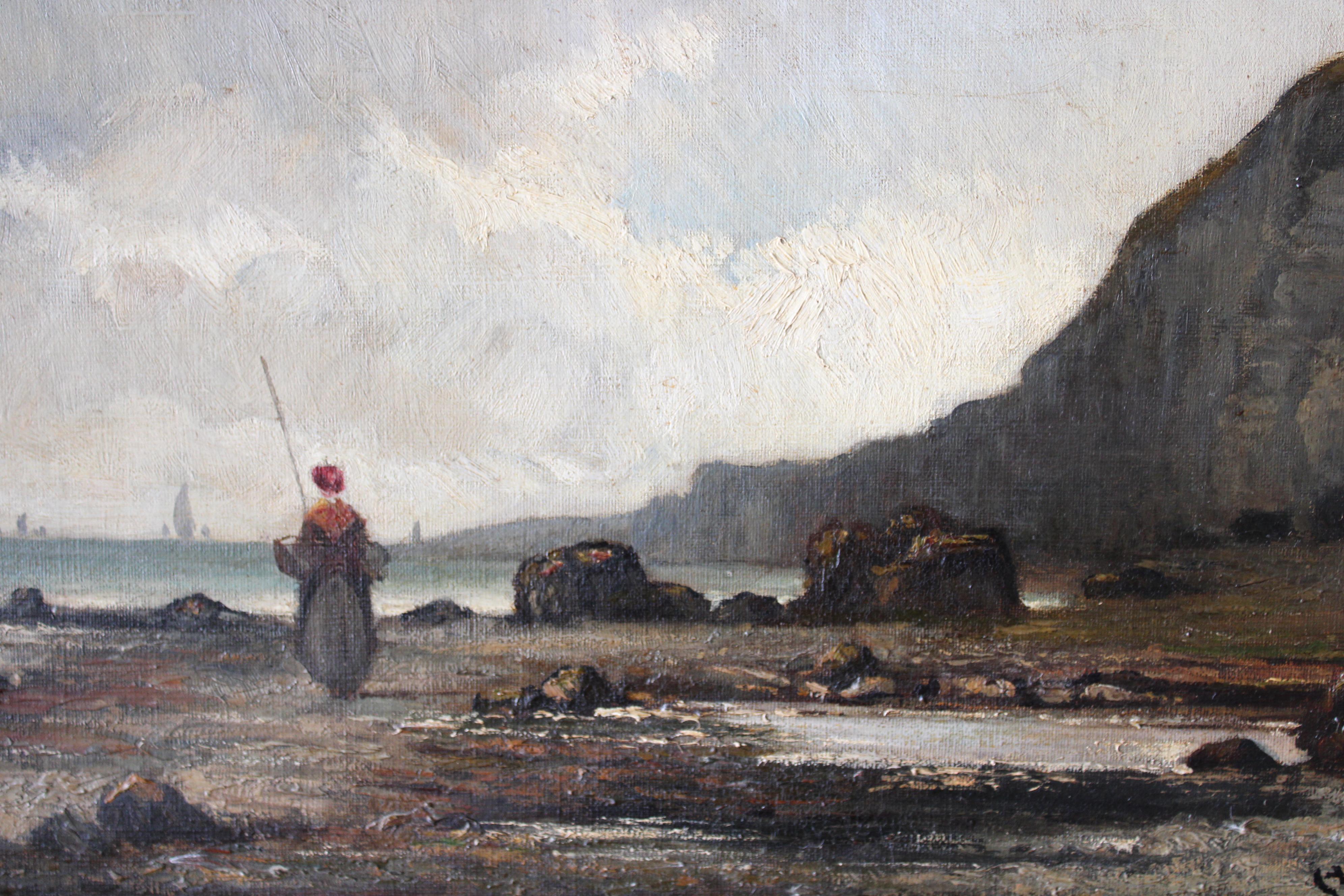 Antique French Landscape, seascape oil painting, beach coastal scene 1