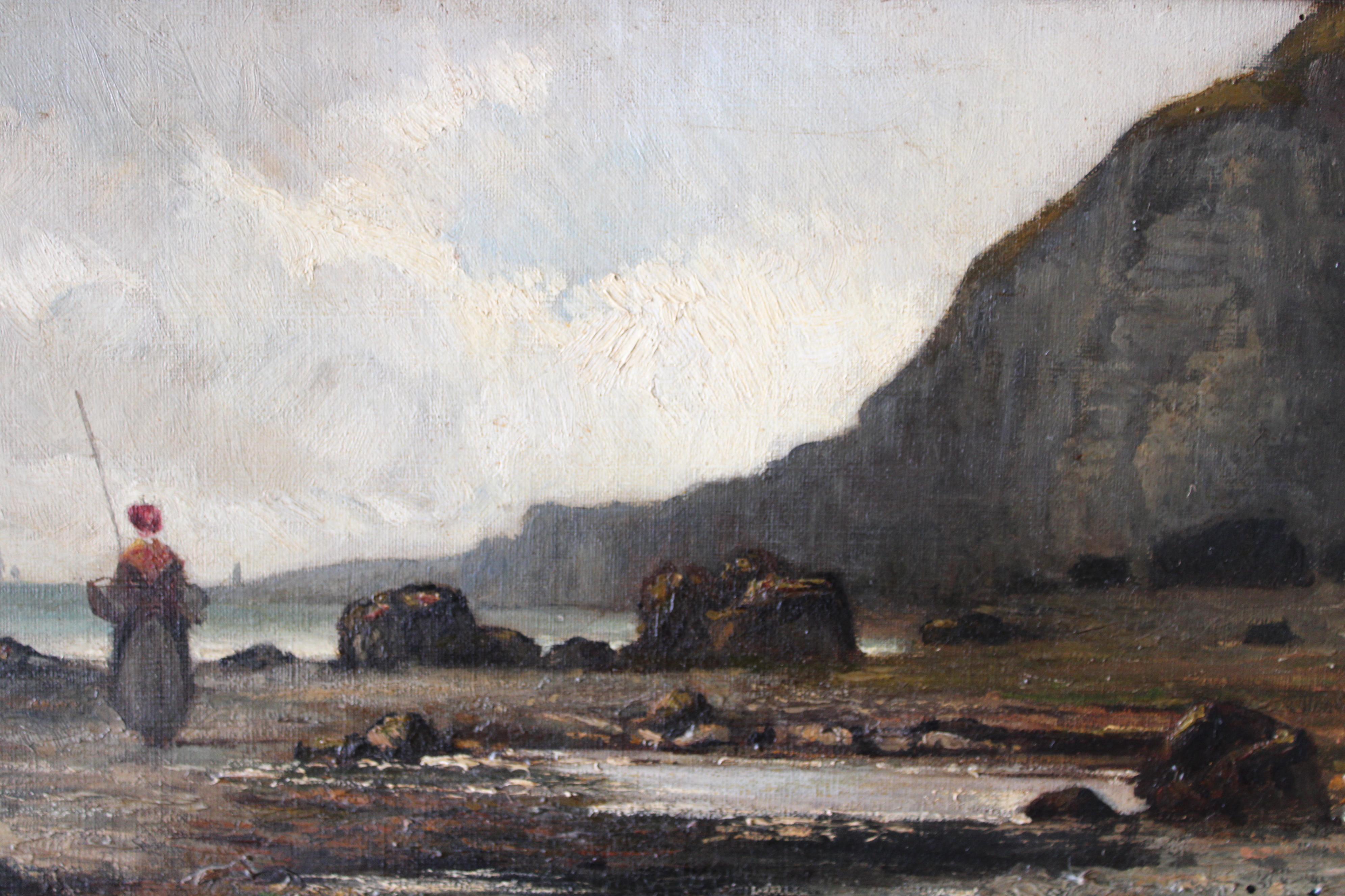 Antique French Landscape, seascape oil painting, beach coastal scene 3