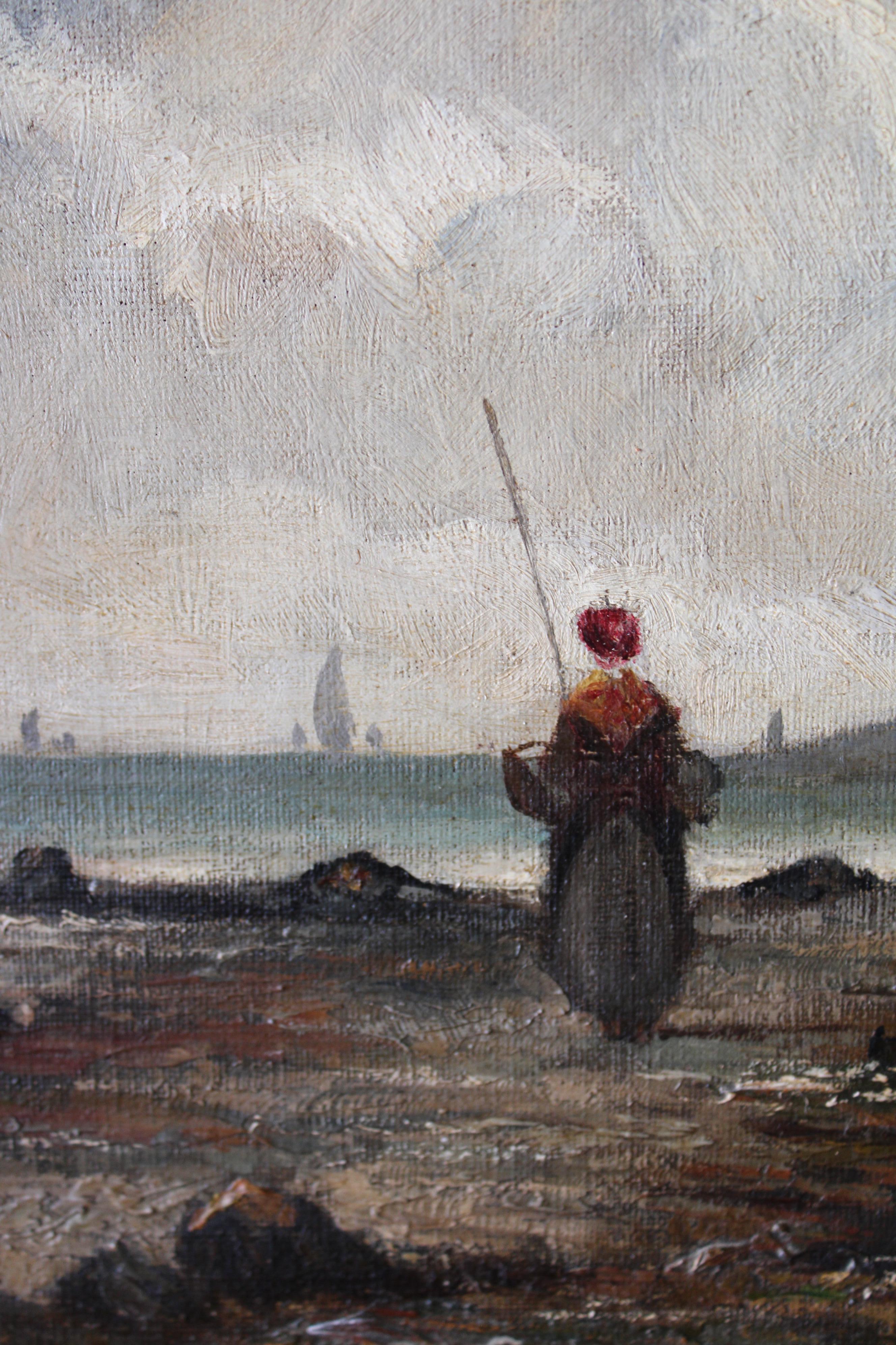 Antique French Landscape, seascape oil painting, beach coastal scene 5