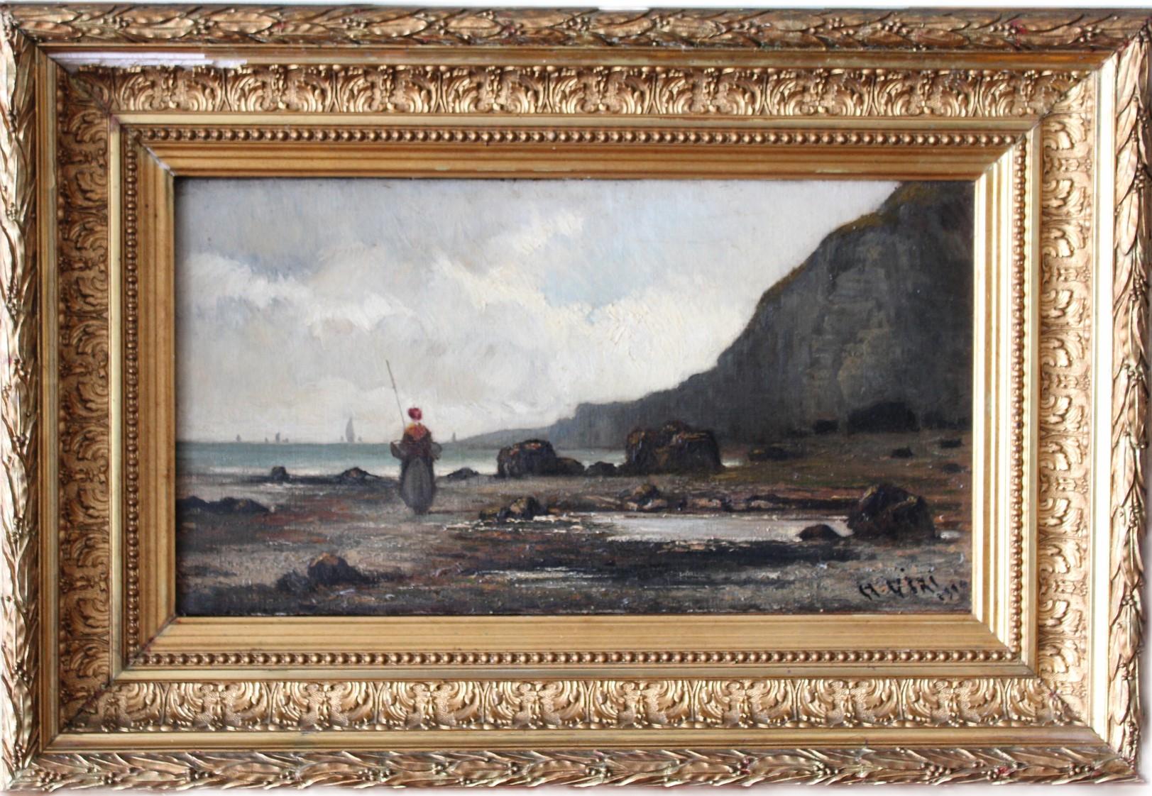 Unknown Landscape Painting - Antique French Landscape, seascape oil painting, beach coastal scene