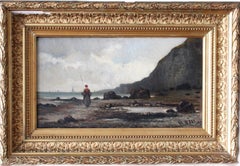 Antique French Landscape, pintura al óleo de paisaje marino, escena costera de playa