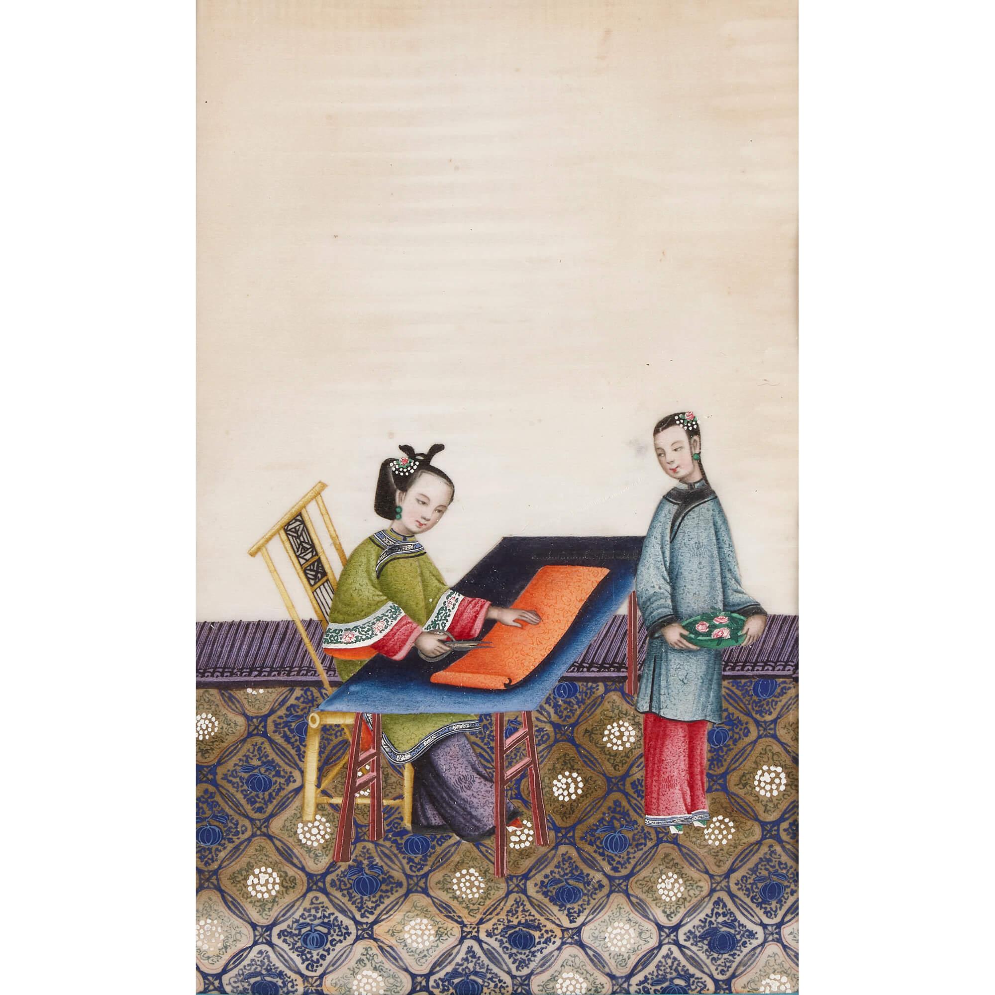 Antique set of six Chinese paintings depicting weaving 
Chinese, 19th Century 
Panel: Height 32cm, width 21cm
Frame: Height 47.5cm, width 36cm, depth 1.5cm

This set of Chinese pith paintings depicts six vignettes of women weaving. The bright