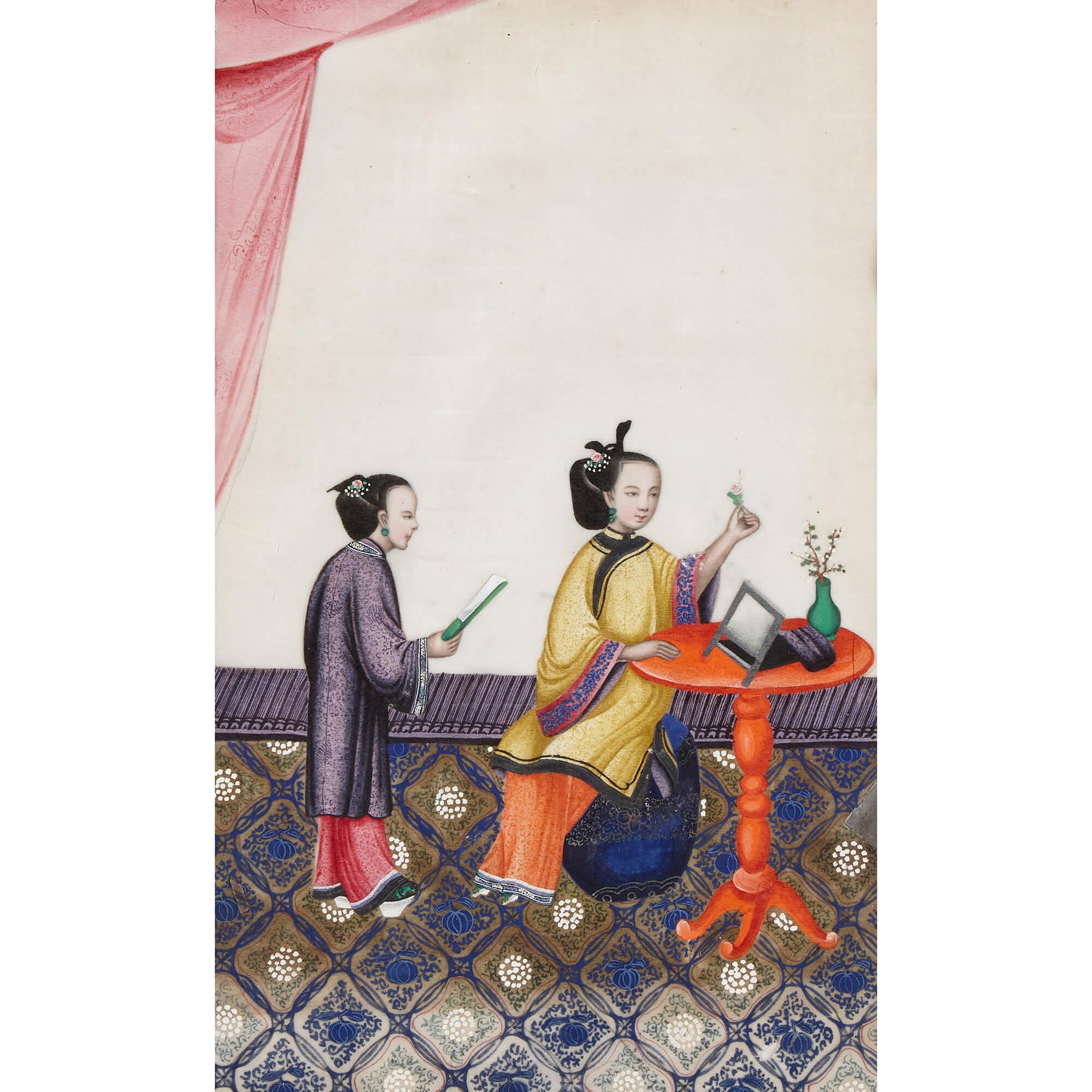 Conjunto antiguo de seis pinturas chinas que representan tejidos - Figurative Painting Marrón de Unknown