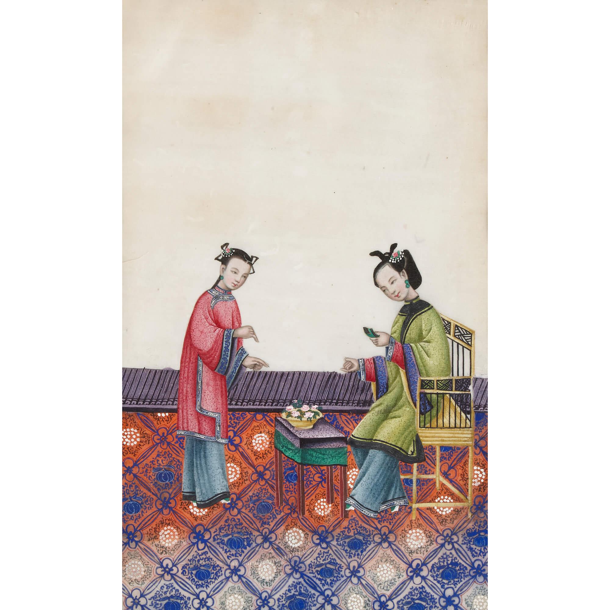Antique Set of Six Chinese Paintings Depicting Weaving  For Sale 3