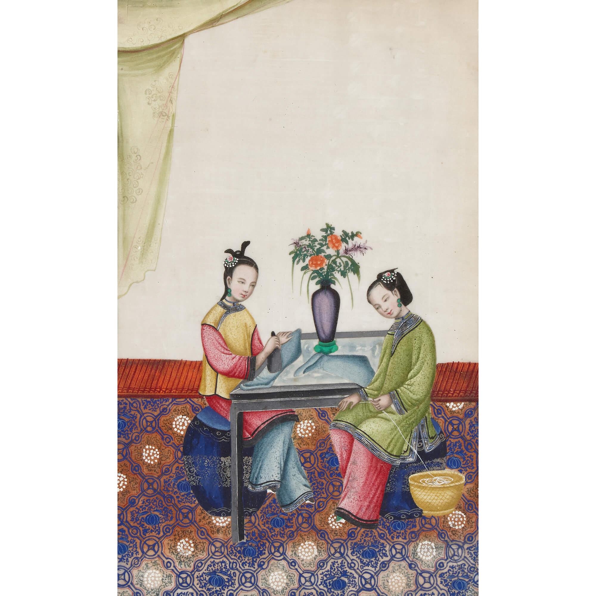 Antique Set of Six Chinese Paintings Depicting Weaving  For Sale 5