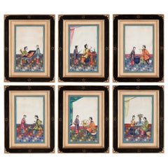Antiker Satz von sechs chinesischen Gemälden, die Weberei darstellen 
