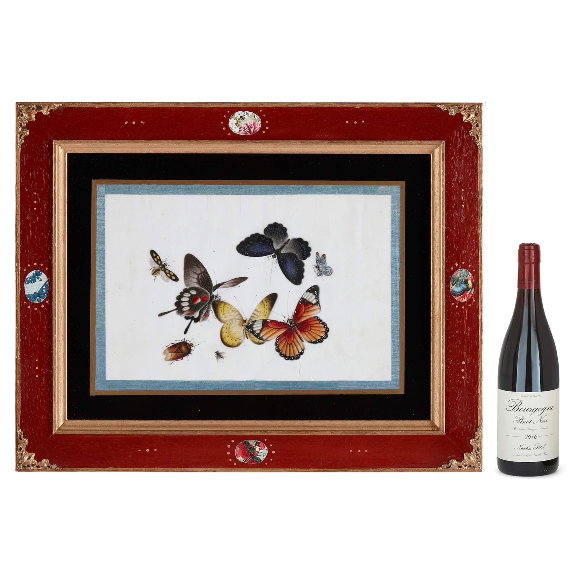 Ensemble ancien de douze peintures chinoises sur toile représentant des papillons en vente 11